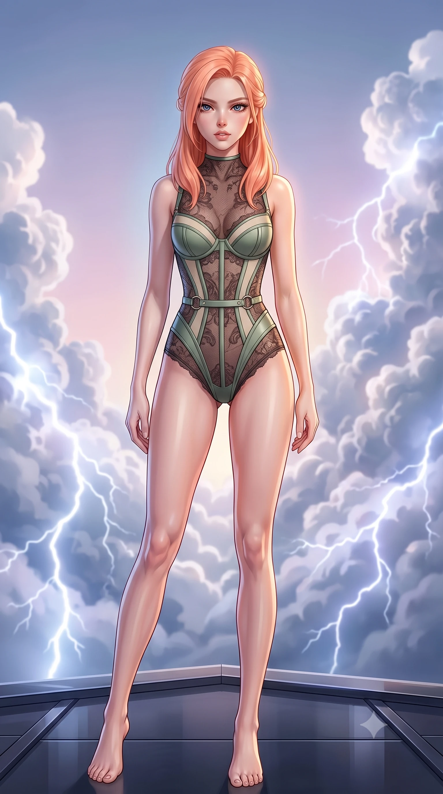 score_9, masterpiece, best quality, ultra-detailed, high-budget anime keyframe, editorial fashion photography, tasteful artistic composition, Japanese woman. close-up cowboy shot from the waist and thighs up, the character dominates the composition, filling the frame with her large presence, background elements kept in soft focus. Tilting her chin up slightly with lips parted in a magnetic, composed expression poised on a sky platform as gentle internal lightning flashes illuminate cloud walls, volumetric cumulus cloud textures illuminated from within by electric light. She has an exceptionally elegant, slender, and willowy female figure with an ultra-slim waist, a gracefully sculpted slender torso, and a refined silhouette. sharp v-shaped jawline, high-bridge nose, intricate jewel-like eyes with depth, thick eyelashes, glossy lips with a natural sheen. wearing a sheer dark lace pattern bodysuit with structured corsetry boning in sage green and oatmeal, formed from sleek second-skin neoprene, accented with delicate chrome ring hardware framing her waist, the sleek second-skin texture accentuating her magnetic presence. surrounded by a majestic, atmospheric sky aura with soft gradients. highly saturated vibrant anime colors, detailed shading with soft gradients, rich glossy textures, high-contrast stereoscopic depth, volumetric dynamic lighting, master piece, 9:16 ratio