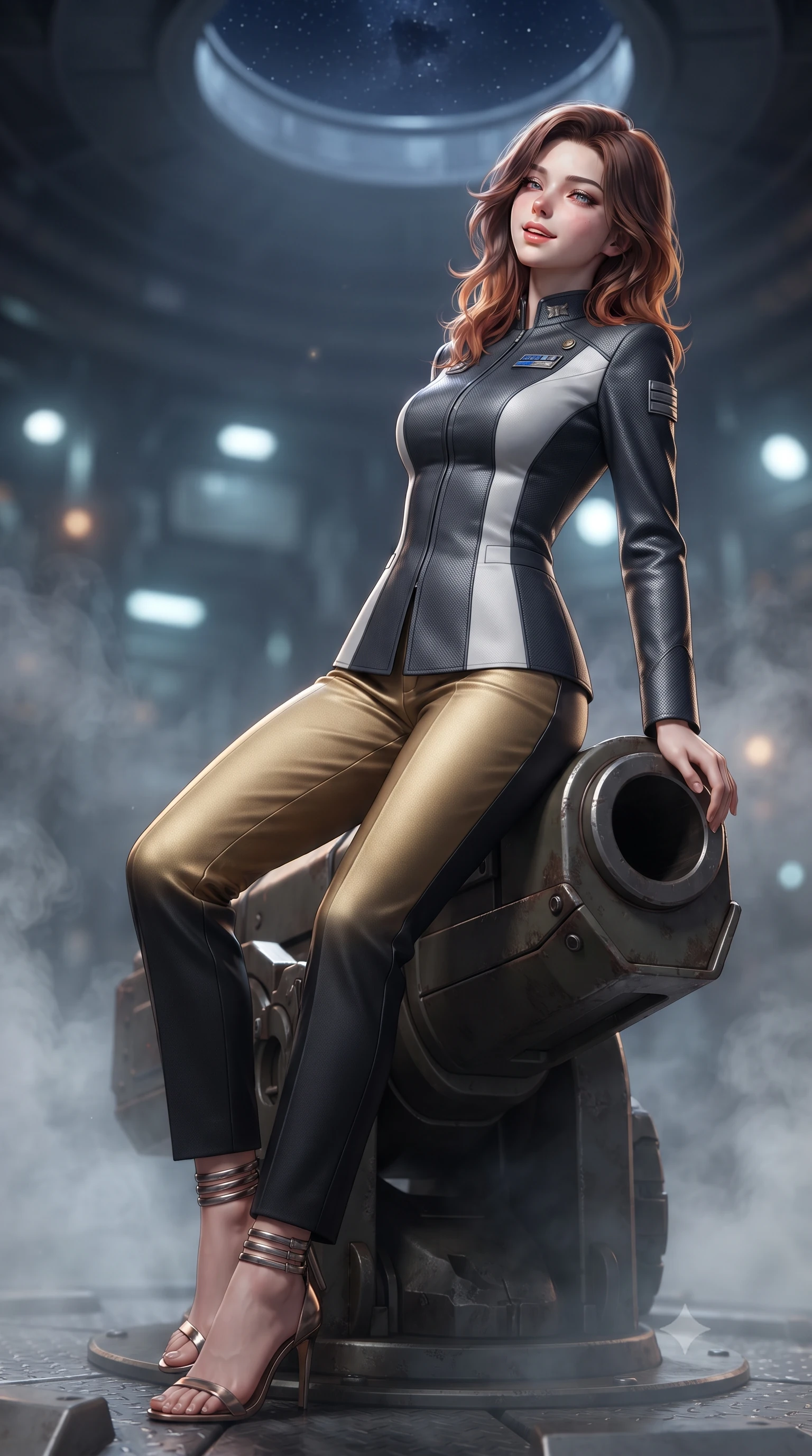 score_9, masterpiece, best quality, ultra-detailed, high-budget anime keyframe, editorial fashion photography, tasteful artistic composition, Korean woman. close-up cowboy shot from the waist and thighs up, the character dominates the composition, filling the frame with her large presence. leaning back against the balustrade with relaxed seductive grace, head tilted back slightly while casting a hypnotic, heavy-lidded gaze while leaning against the armored cannon breech with hips cocked back, gazing up the vertical shaft toward the distant starry night hatch with heavy-lidded bedroom-eyes. The background shows a soft-focus faint cordite propellant smoke softened in underground artillery test silo shallow focus. She has an exceptionally elegant, slender, and willowy female figure with an ultra-slim waist, flat toned midriff, narrow ribcage, and sculpted feminine hips creating an alluring, slim hourglass silhouette without bulk. sharp v-shaped jawline, high-bridge nose, intricate jewel-like sparkling eyes with depth, thick eyelashes, glossy parted lips with a natural peach sheen, bright cheerful beaming smile with an enchanting and coquettish sensual glint, exuding both youthful cute charm and seductive allure, flawlessly proportioned anatomical accuracy, strict slender model proportions, natural body alignment, perfectly sculpted long slender limbs, ultra-slim waistline, clean dynamic posture without body distortion. wearing a tailored orbital colony command uniform in dark grey and white paneling with rank insignia pins and tailored straight-leg trousers in singularity accretion gold and space void onyx, woven from structured carbon-fiber jacquard with rich textural depth, complemented by strappy stiletto sandals with metallic ankle wraps accentuating her slender calves, the impeccably tailored cut draping gracefully along her slender figure with aristocratic poise. illuminated by diamond-plate steel reflection bounce and sharp gold-amber rim lights defining her razor-sharp jawline, narrow waist, and curvy hips. ultra-reflective glossy finish, specular highlights, rich textural contrasts, high-contrast stereoscopic depth, volumetric dynamic lighting, 2k, ultra detail, master piece, 9:16 ratio