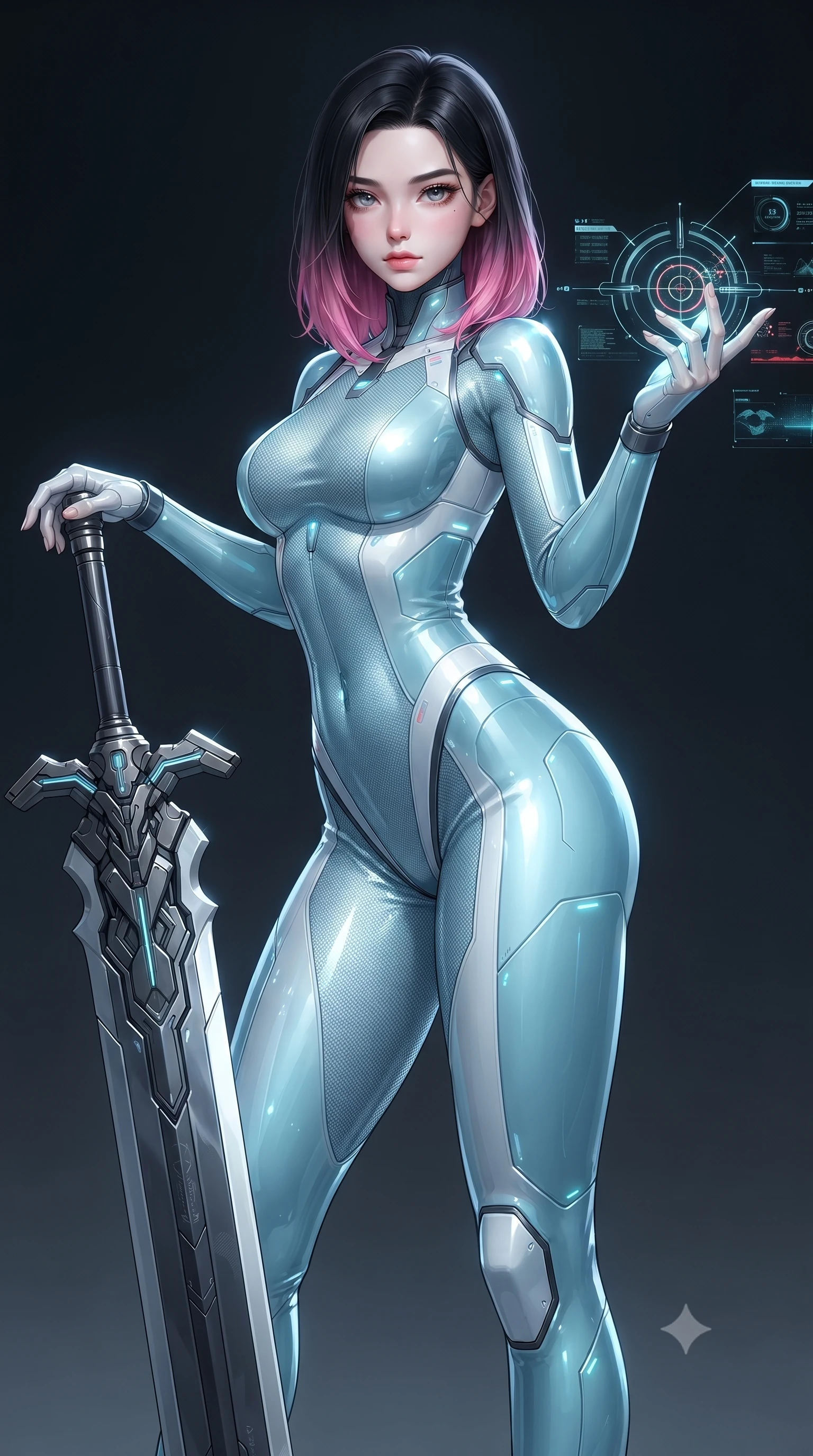 score_9, masterpiece, best quality, ultra-detailed, high-budget anime keyframe, editorial fashion photography, tasteful artistic composition, Korean woman. close-up cowboy shot from the waist and thighs up, the character dominates the composition, filling the frame with her large presence. extending one arm gracefully as glowing holographic targeting reticles and data streams orbit her fingertips with sovereign power while pivoting dynamically as she plants the colossal greatsword tip into the ground, leaning on the hilt with sovereign poise. The surrounding environment is rendered in vivid detail and crisp panoramic clarity. sharp titanium crossguard engravings, arena holographic projector nodes, and armor plating seams in high clarity. She has an exceptionally elegant, slender, and willowy female figure with an ultra-slim waist, a gracefully sculpted slender torso, toned flat midriff, and a refined slim silhouette. sharp v-shaped jawline, high-bridge nose, intricate jewel-like eyes with depth, thick eyelashes, glossy lips with a natural sheen, flawlessly proportioned anatomical accuracy, strict slender model proportions, natural body alignment, perfectly sculpted long slender limbs, ultra-slim waistline, clean dynamic posture without body distortion. wearing an ultra-sleek glacial-cyan and white carbon-mesh combat bodysuit with frost-resistant plating, holding a glowing high-frequency cryo-energy spear with commanding poise in glacial ice-cyan carbon mesh with pure white armor plates, formed from high-gloss patent carbon-plating with specular chiaroscuro reflections, featuring a sleek aerodynamic collar framed by subtle glowing cybernetic status LEDs, the sleek second-skin cut tightly hugging her graceful clavicle, narrow waist, and feminine curves with athletic precision. illuminated by sharp specular highlights tracing her ultra-slim waist, long legs, and flat midriff. ultra-reflective glossy finish, specular highlights, dark metallic sheen, high-contrast stereoscopic depth, volumetric dynamic lighting, 2k, ultra detail, master piece, 9:16 ratio