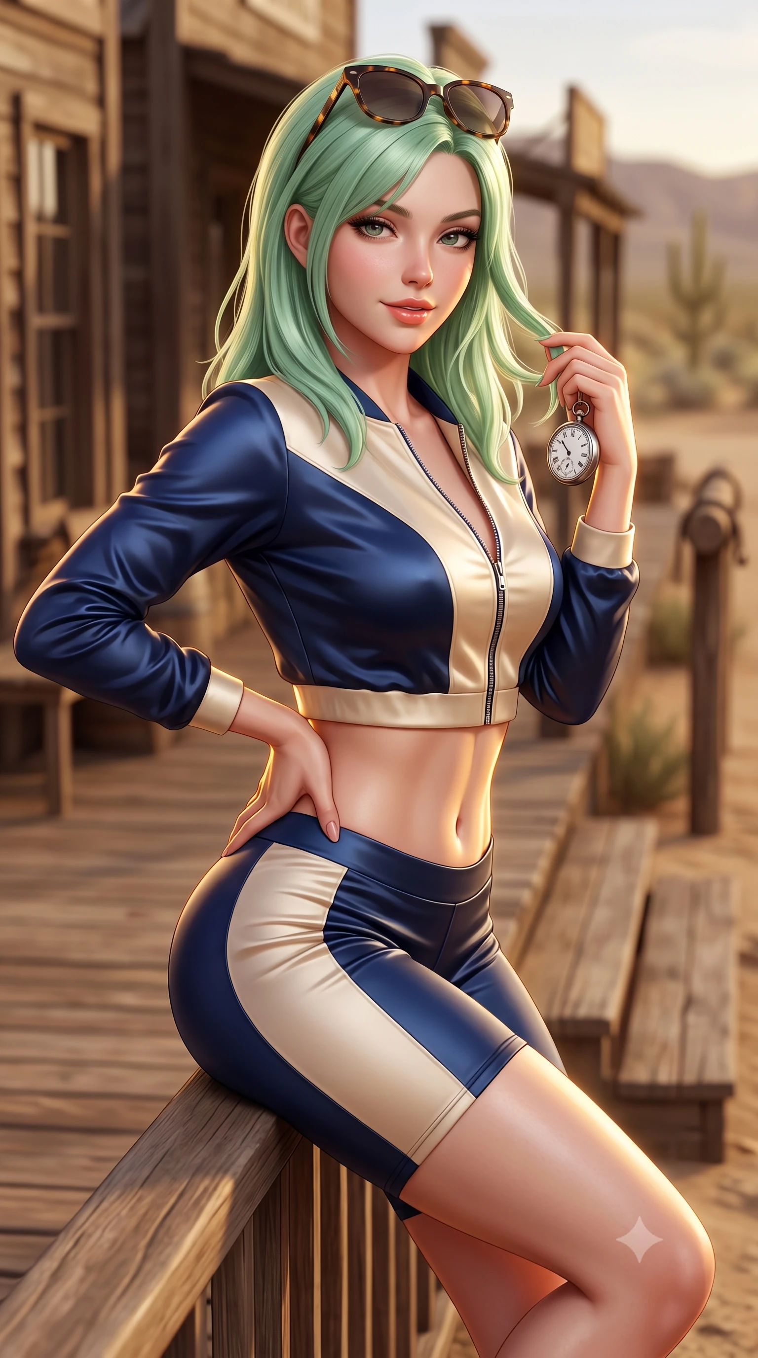 score_9, masterpiece, best quality, ultra-detailed, high-budget anime keyframe, semi-realistic 3D game render, editorial fashion photography, tasteful artistic composition, Japanese woman. close-up cowboy shot from the waist and thighs up, the character dominates the composition, filling the frame with her large presence. twisting her slender torso in an alluring contrapposto stance, one hand resting on her sculpted hip while her fingers toy with her hair with effortless poise while sitting perched on the wooden boardwalk railing with one knee bent, holding an antique silver pocket watch with playful teasing cool. The background shows a soft-focus dusty ghost town Main Street facades, hitching posts, and distant sagebrush blurred into sepia, walnut, and dusty amber bokeh. She has an exceptionally elegant, slender, and willowy female figure with an ultra-slim waist, flat toned midriff, narrow ribcage, and sculpted feminine hips creating an alluring, slim hourglass silhouette without bulk. sharp v-shaped jawline, high-bridge nose, sparkling eyes with hypnotic seductive depth, thick curled eyelashes, glossy parted lips with a natural dewy peach sheen, alluring bedroom-eyes with an enchanting coquettish smile, exuding magnetic siren charisma and sophisticated glamour, flawlessly proportioned anatomical accuracy, strict slender model proportions, natural body alignment, perfectly sculpted long slender limbs, ultra-slim waistline, clean dynamic posture without body distortion. wearing a modern two-piece desert outlaw set featuring a zip-front crop jacket and curve-hugging low-rise biker shorts in French Riviera navy blue and warm champagne ivory, crafted from fluid liquid silk satin that clings smoothly to every curve with a dewy sheen, complemented by oversized designer tortoiseshell sunglasses resting atop her head, the liquid-tight tailored fabric clinging flawlessly to her narrow waist and rounded feminine hips, emphasizing every millimeter of her sculpted slim hourglass curves without any bulky heaviness. illuminated by boardwalk wood reflection bounce and sharp golden rim lights defining her razor-sharp jawline, flat midriff, and curvy hips. highly saturated vibrant anime colors, detailed shading with soft gradients, rich glossy textures, high-contrast stereoscopic depth, volumetric dynamic lighting, master piece, 9:16 ratio