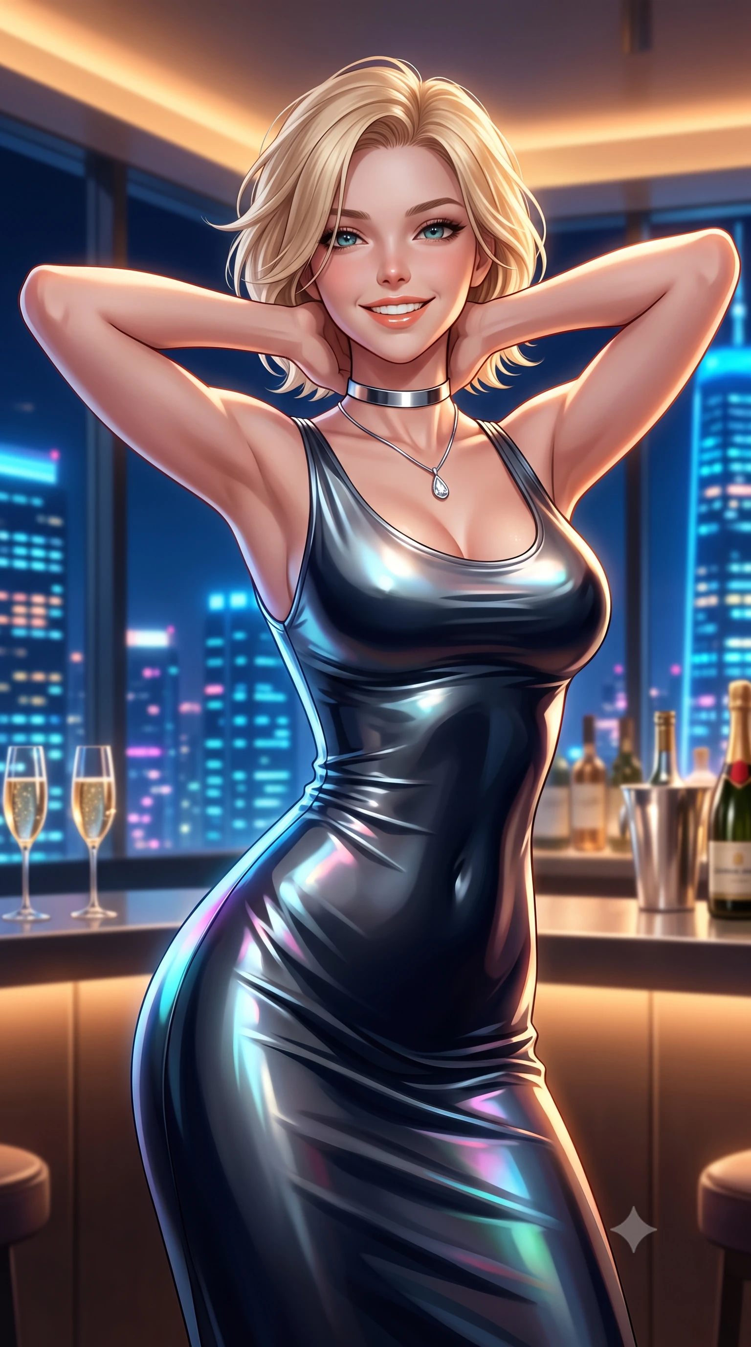 score_9, masterpiece, best quality, ultra-detailed, high-budget anime keyframe, editorial fashion photography, tasteful artistic composition, Caucasian woman. close-up cowboy shot from the waist and thighs up, the character dominates the composition, filling the frame with her large presence. resting both hands lightly behind her neck with elbows raised, arching her spine to highlight her narrow waist, flat midriff, and breathtaking collarbones while twisting her slender torso in an alluring contrapposto stance, thousands of pulsating LED skyscraper facades casting glamorous reflections on her narrow waist and hips. The background shows a soft-focus champagne bubble glasses on polished counters softened in ultra-exclusive high-altitude skybar shallow focus. She has an exceptionally elegant, slender, and willowy female figure with an ultra-slim waist, flat toned midriff, narrow ribcage, and sculpted feminine hips creating an alluring, slim hourglass silhouette without bulk. sharp v-shaped jawline, high-bridge nose, intricate jewel-like sparkling eyes with depth, thick eyelashes, glossy parted lips with a natural peach sheen, bright cheerful beaming smile with an enchanting and coquettish sensual glint, exuding both youthful cute charm and seductive allure, flawlessly proportioned anatomical accuracy, strict slender model proportions, natural body alignment, perfectly sculpted long slender limbs, ultra-slim waistline, clean dynamic posture without body distortion. wearing a form-fitting liquid mercury jersey evening dress clinging smoothly to her narrow waist and rounded hips in liquid mercury chrome and deep midnight obsidian, made of fluid liquid jersey with seamless sculpting hold and smooth contours, finished with a minimalist chrome choker and a single teardrop diamond pendant, the second-skin tailored fabric adhering flawlessly to her sculpted flat midriff and slender torso, emphasizing her long leg lines and perfectly proportioned willowy build. bathed in warm 2700K ambient bar cove lighting paired with cool electric-blue skyscraper panorama radiance. ultra-reflective glossy finish, specular highlights, rich textural contrasts, high-contrast stereoscopic depth, volumetric dynamic lighting, 2k, ultra detail, master piece, 9:16 ratio