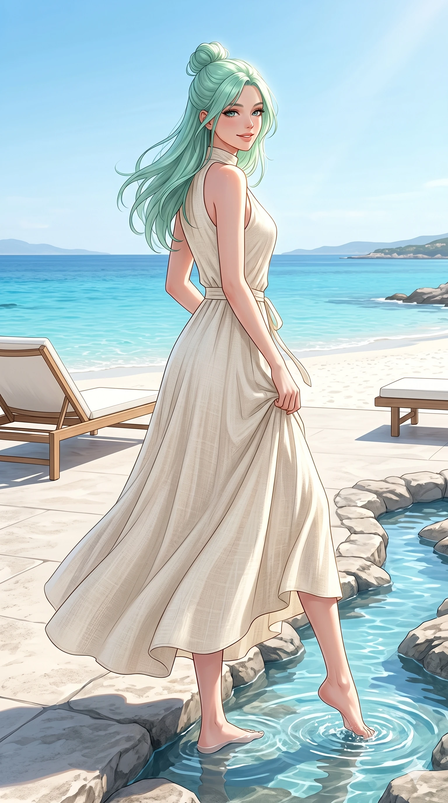 score_9, masterpiece, best quality, ultra-detailed, high-budget anime keyframe, editorial fashion photography, tasteful artistic composition, Japanese woman. low angle full-body shot from head to toe showing her feet, filling the entire 9:16 vertical frame with her statuesque presence, stretching her vertical silhouette. dipping her toes in the cool stream, looking over her shoulder with a relaxed, happy expression on a private sun-drenched deck of a luxury resort villa overlooking the Mediterranean Sea (Code-P19-003). She has an absolutely perfect 8-heads proportion, an exceptionally tall and slender female figure with impossibly long slender legs and an ultra-slim waist. V-shaped jawline, high-bridge nose, intricate jewel-like eyes with depth, thick eyelashes, glossy lips with a natural sheen. wearing a modern high-neck sleeveless resort maxi gown in cream linen with a flowing ankle-length hem. illuminated by bright, direct sunlight reflecting off the white sand, creating a luminous glow. 2k, ultra detail, master piece, 9:16 ratio