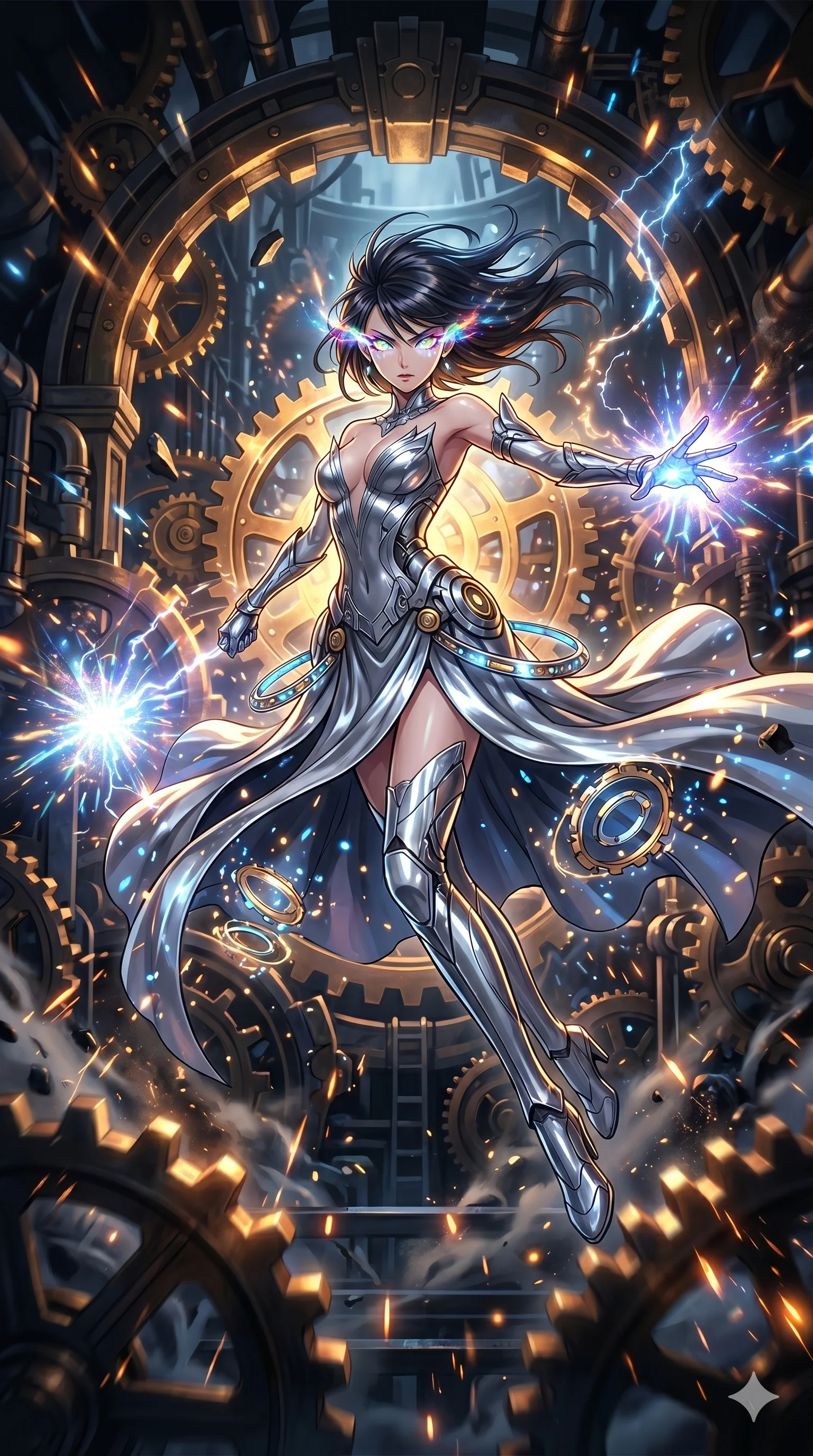 score_9, masterpiece, best quality, ultra-detailed, Set A: High-budget Anime Keyframe, Japanese woman. Low angle cowboy shot filling the entire 9:16 frame with her statuesque presence. Leaping through a throne of gears, while her eyes glow with 290 different colors and surrounded by glowing energy sparks. She has an absolutely perfect 8-heads proportion, an exceptionally tall and slender female figure with impossibly long slender legs and an ultra-slim waist. Sharp v-shaped jawline, high-bridge nose, intricate jewel-like eyes with depth, thick eyelashes, glossy lips with a natural sheen. Wearing Molten silver texture dress with a sharp V-neckline and floating mechanical rings. Cinematic lighting, vibrant colors, dramatic shadows, 2k, ultra detail, master piece, 9:16 ratio