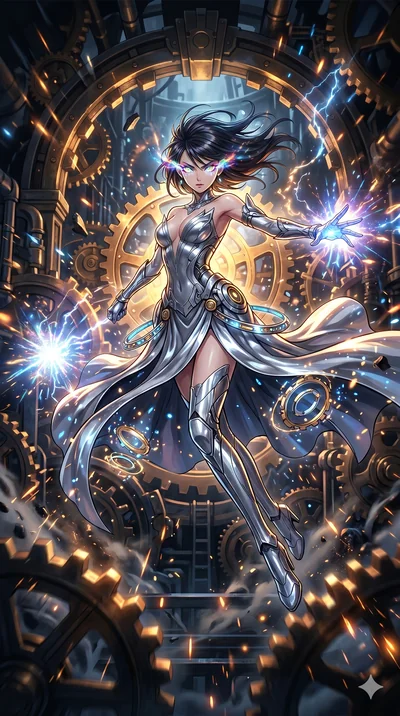 score_9, masterpiece, best quality, ultra-detailed, Set A: High-budget Anime Keyframe, Japanese woman. Low angle cowboy shot filling the entire 9:16 frame with her statuesque presence. Leaping through a throne of gears, while her eyes glow with 290 d