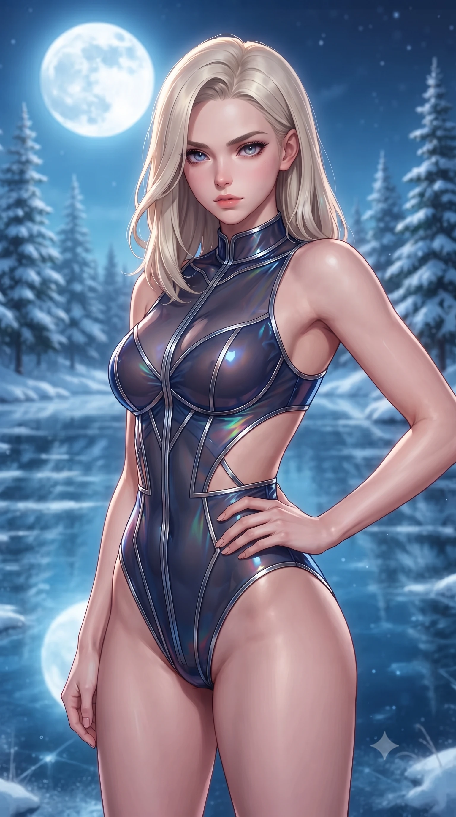 score_9, masterpiece, best quality, ultra-detailed, high-budget anime keyframe, editorial fashion photography, tasteful artistic composition, Caucasian woman. close-up cowboy shot from the waist and thighs up, the character dominates the composition, filling the frame with her large presence, background elements kept in soft focus. Holding a confident power pose with one hand on her hip, gazing directly into the camera with quiet intensity gliding over a frozen mirror lake surrounded by snow-covered pine trees under a full moon, clear glacial ice reflecting the radiant full moon and starlight like a mirror. She has an exceptionally elegant, slender, and willowy female figure with an ultra-slim waist, a gracefully sculpted slender torso, and a refined silhouette. sharp v-shaped jawline, high-bridge nose, intricate jewel-like eyes with depth, thick eyelashes, glossy lips with a natural sheen. wearing a high-cut translucent vinyl leotard with front paneling and open back in midnight navy blue and chrome trim, crafted from iridescent chiffon that shifts colors in the light, featuring clean architectural cutouts along her slender torso, the glove-like fit emphasizing her statuesque silhouette. surrounded by an opulent, frozen fairytale ambiance with high specular shine. highly saturated vibrant anime colors, detailed shading with soft gradients, rich glossy textures, high-contrast stereoscopic depth, volumetric dynamic lighting, master piece, 9:16 ratio