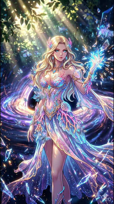 Cinematic 8-second video. The mechanical glowing butterflies flutter around the blonde woman in a mystical forest. In the background, the cosmic portal swirls slowly with golden and purple light. The woman's hand glows softly as she commands the butt