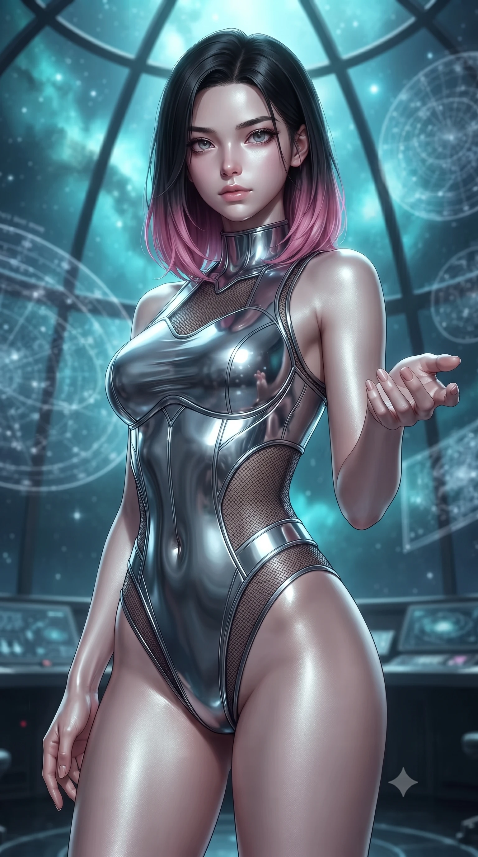 score_9, masterpiece, best quality, ultra-detailed, high-budget anime keyframe, editorial fashion photography, tasteful artistic composition, Korean woman woman. close-up cowboy shot from the waist and thighs up, the character dominates the composition, filling the frame with her large presence, background elements kept in soft focus. She has an exceptionally elegant, slender, and willowy female figure with an ultra-slim waist, a gracefully sculpted slender torso, and a refined silhouette. reaching one hand toward the viewer with relaxed elegance, her gaze holding quiet authority, flawlessly proportioned anatomical accuracy, natural body alignment, perfectly sculpted elegant limbs, clean dynamic posture without body distortion. set against a soft-focus background of a panoramic star observatory deck with floating galaxy maps. wearing a high-cut chrome-plated structured bodice over fine dark mesh with side waist cutouts. bathed in starlight and cosmic turquoise nebula glow wrapping her athletic build. ultra-reflective glossy finish, specular highlights, metallic sheen, high-contrast stereoscopic depth, volumetric dynamic lighting, 2k, ultra detail, master piece, 9:16 ratio