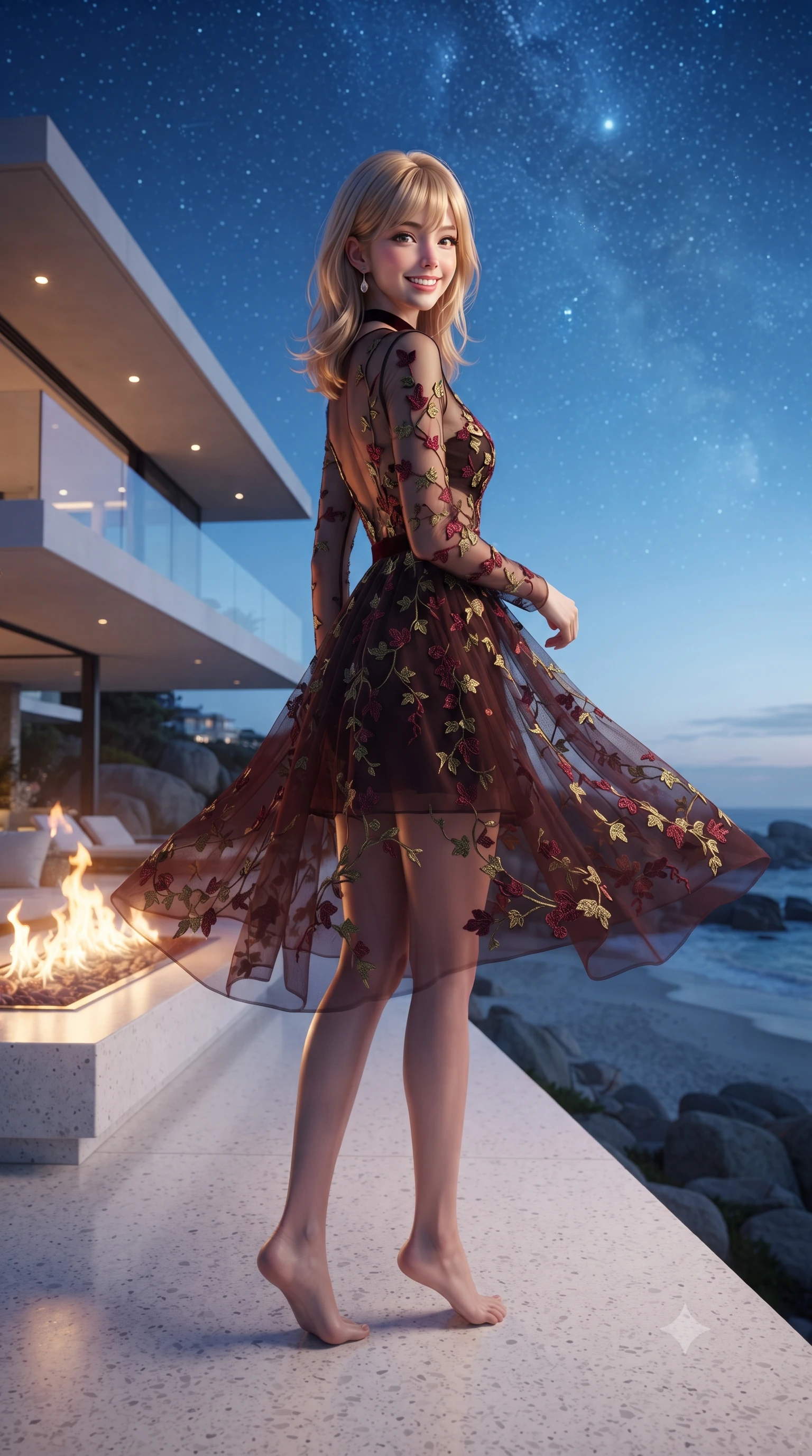 score_9, masterpiece, best quality, ultra-detailed, high-budget anime keyframe, editorial fashion photography, tasteful artistic composition, Japanese woman. low angle full-body shot from head to toe showing her feet, filling the entire 9:16 vertical frame with her statuesque presence, stretching her vertical silhouette. executing a slow, graceful pivot turn as her skirt sways around her slender legs, glancing back with an enchanting, teasing sensual expression while standing poised on the polished white terrazzo deck cantilevered high over the granite boulders of Clifton 4th Beach, arching her lower back with ultra-glamorous supermodel poise. The surrounding environment is rendered in vivid detail and crisp panoramic clarity: detailed garment cut, bodycon tailoring, and cutting-edge SAOTA modernist architecture in razor-sharp precision. She has an exceptionally tall and slender model-like 8.5-heads proportion, an ultra-slim waist, a flat toned midriff, narrow delicate ribcage, and beautifully sculpted feminine hips creating a graceful, slim hourglass silhouette without any bulky heaviness, with impossibly long slender legs. sharp v-shaped jawline, high-bridge nose, intricate jewel-like sparkling eyes with depth, thick eyelashes, glossy parted lips with a natural peach sheen, bright cheerful beaming smile with an enchanting and coquettish sensual glint, exuding both youthful cute charm and seductive allure, flawlessly proportioned anatomical accuracy, strict slender model proportions, natural body alignment, perfectly sculpted long slender limbs, ultra-slim waistline, clean dynamic posture without body distortion. wearing a provocative sheer noir illusion mesh cocktail dress with embroidered climbing ivy ribbons contouring her curves in Franschhoek vineyard pinotage burgundy and oak honey, made of sheer gossamer chiffon that drapes softly against skin with airy translucence, finished with a thin velvet ribbon choker and a single teardrop diamond pendant, the second-skin tailored fabric adhering flawlessly to her sculpted flat midriff and slender torso, emphasizing her long leg lines and perfectly proportioned willowy build. bathed in the dramatic contrast of warm 2200K outdoor fire pit flames and brilliant cool Atlantic starlight and twilight. ultra-reflective glossy finish, specular highlights, rich textural contrasts, high-contrast stereoscopic depth, volumetric dynamic lighting, 2k, ultra detail, master piece, 9:16 ratio