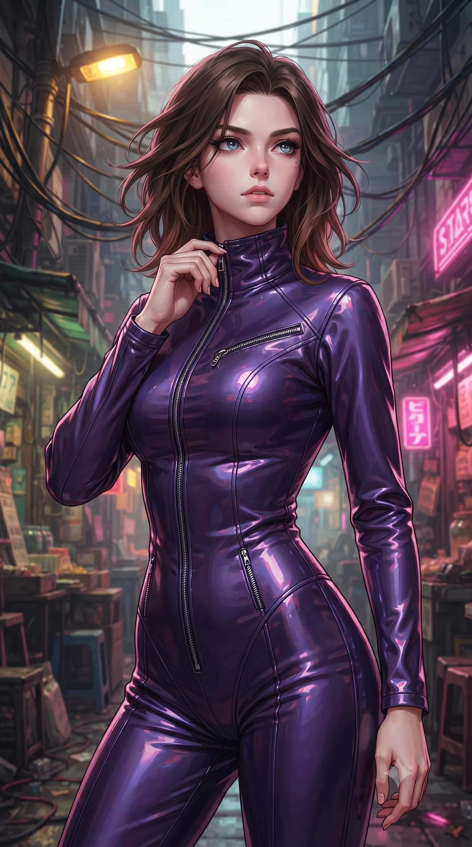 score_9, masterpiece, best quality, ultra-detailed, high-budget anime keyframe, editorial fashion photography, tasteful artistic composition, Korean woman. close-up cowboy shot from the waist and thighs up, the character dominates the composition, filling the frame with her large presence, background elements kept in soft focus. adjusting the high collar of her body-hugging suit, looking past the camera with quiet, sharp focus and a composed expression, the background shows a soft-focus a narrow cyber-bazaar alleyway under a dense canopy of hanging cables and wires. She has an exceptionally elegant, slender, and willowy female figure with an ultra-slim waist, a gracefully sculpted slender torso, and a refined silhouette. sharp v-shaped jawline, high-bridge nose, intricate jewel-like eyes with depth, thick eyelashes, glossy lips with a natural sheen. wearing a form-contouring form-contouring pilot flight suit in deep purple liquid vinyl, featuring a snug mock-neck and chrome zippers. warm sodium yellow streetlamps contrasting with sharp electric pink accents. ultra-reflective glossy finish, specular highlights, metallic sheen, high-contrast stereoscopic depth, volumetric dynamic lighting, 2k, ultra detail, master piece, 9:16 ratio