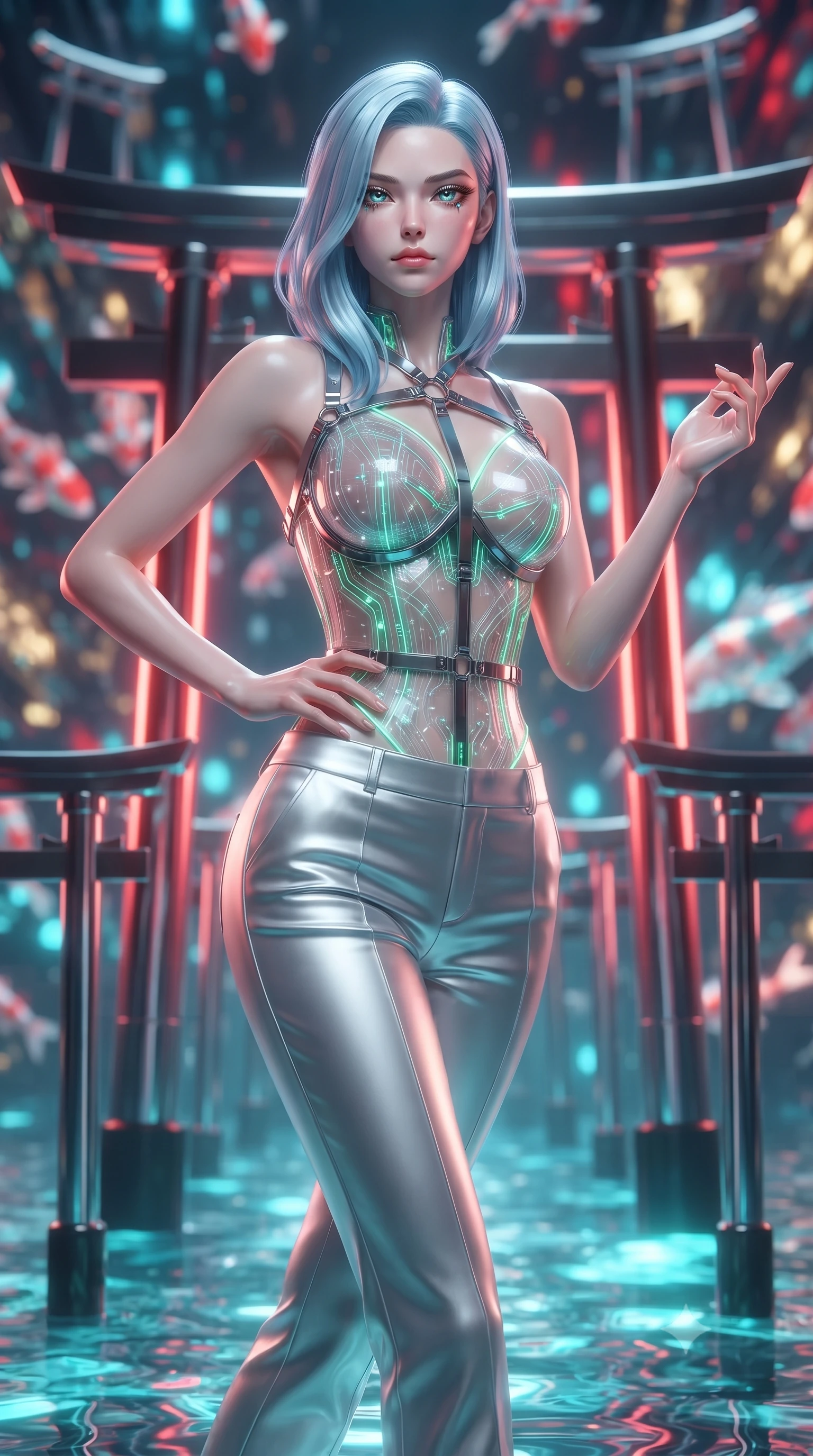 score_9, masterpiece, best quality, ultra-detailed, high-budget anime keyframe, editorial fashion photography, tasteful artistic composition, Korean woman. close-up cowboy shot from the waist and thighs up, the character dominates the composition, filling the frame with her large presence. twisting her upper body in a dynamic S-curve with commanding allure, one hand resting on her slender waist with haughty grace while striding gracefully along a mirrored chrome torii gate arcade suspended above a digital water matrix. The composition keeps background elements in soft focus with creamy bokeh. floating chrome torii gates and swimming holographic koi blurred into vibrant scarlet, cyan, and gold bokeh. She has an exceptionally elegant, slender, and willowy female figure with an ultra-slim waist, a gracefully sculpted slender torso, toned flat midriff, and a refined slim silhouette. sharp v-shaped jawline, high-bridge nose, intricate jewel-like eyes with depth, thick eyelashes, glossy lips with a natural sheen, flawlessly proportioned anatomical accuracy, strict slender model proportions, natural body alignment, perfectly sculpted long slender limbs, ultra-slim waistline, clean dynamic posture without body distortion. wearing a structured translucent cyber-corset paired with tailored high-fashion satin trousers that sharply cinch her ultra-slim waist in radiant emerald green circuit lines and polished silver sheen, tailored from semi-translucent cybernetic vinyl with glowing micro-filaments, reinforced by a sleek metallic chrome harness and delicate glowing micro-straps, the form-contouring material adhering flawlessly to her sculpted flat midriff and slender torso, emphasizing her long leg lines and perfectly proportioned willowy build. bathed in glowing scarlet torii gate backlighting and aquatic cyan matrix uplights. ultra-reflective glossy finish, specular highlights, dark metallic sheen, high-contrast stereoscopic depth, volumetric dynamic lighting, 2k, ultra detail, master piece, 9:16 ratio