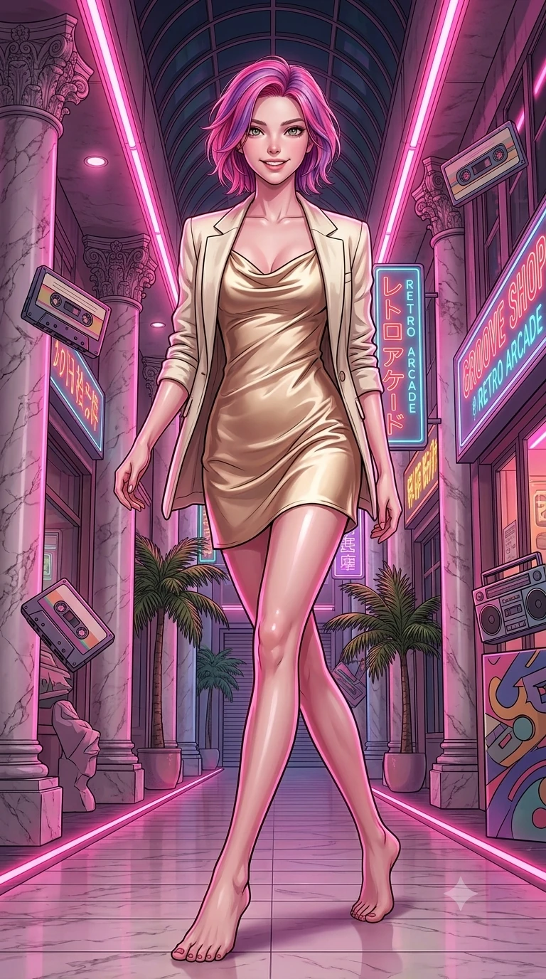score_9, masterpiece, best quality, ultra-detailed, high-budget anime keyframe, editorial fashion photography, tasteful artistic composition, gorgeous anime illustration, with clean line-art, distinct ink outlines, and high-contrast stereoscopic depth, Caucasian woman, strictly human ears. low angle full-body shot from head to toe showing her feet, filling the entire 9:16 vertical frame with her statuesque presence, stretching her vertical silhouette. striding with confident, cheerful determination through inside a retro-themed shopping arcade with marble pillars, neon-pink lights, potted palm trees, and floating cassette tape sculptures. She has a statuesque 8.5-heads proportion, an exceptionally tall, slender and willowy model-like build with impossibly long legs and a highly sculpted ultra-slim waist. sharp v-shaped jawline, high-bridge nose, intricate jewel-like eyes with depth, thick eyelashes, glossy lips with a natural sheen. wearing a champagne gold cowl-neck satin slip dress that drapes and clings to her slender figure, layered with a cream linen blazer. brilliant cinematic volumetric lighting with intense neon rim light outlining her form. 2k, ultra detail, master piece, 9:16 ratio, highly saturated vibrant anime colors, detailed cel-shading with soft gradients, rich glossy textures, deep contrast, volumetric dynamic lighting, 2d animation style