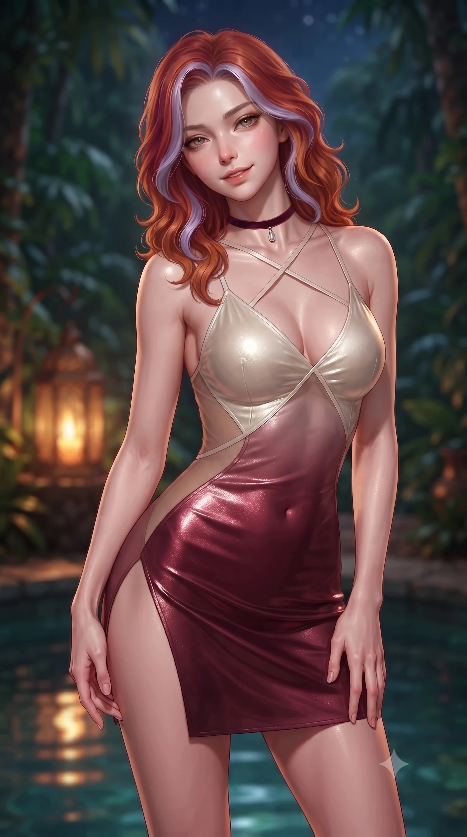 score_9, masterpiece, best quality, ultra-detailed, high-budget anime keyframe, editorial fashion photography, tasteful artistic composition, Caucasian woman. close-up cowboy shot from the waist and thighs up, the character dominates the composition, filling the frame with her large presence. tilting her head with a teasing half-smile, running one hand slowly down the side of her hip in a flirtatious S-curve as ambient light caresses her silhouette while twisting her slender torso in an alluring S-curve beside the plunge pool, warm lantern light and starlight tracing her flat midriff and curves. The background shows a soft-focus flickering pierced copper lantern glows softened in bohemian luxury jungle retreat shallow focus. She has an exceptionally elegant, slender, and willowy female figure with an ultra-slim waist, flat toned midriff, narrow ribcage, and sculpted feminine hips creating an alluring, slim hourglass silhouette without bulk. sharp v-shaped jawline, high-bridge nose, intricate jewel-like sparkling eyes with depth, thick eyelashes, glossy parted lips with a natural peach sheen, bright cheerful beaming smile with an enchanting and coquettish sensual glint, exuding both youthful cute charm and seductive allure, flawlessly proportioned anatomical accuracy, strict slender model proportions, natural body alignment, perfectly sculpted long slender limbs, ultra-slim waistline, clean dynamic posture without body distortion. wearing a backless liquid lamé mini dress with criss-cross spinal straps and daring side slit in Belvedere ivory pearl and Habsburg bordeaux wine, featuring strategic sheer-illusion tulle side panels framing her ribcage and hips, finished with a thin velvet ribbon choker and a single teardrop diamond pendant, the glove-like clinging cut tightly following the natural contour of her hips and long slender legs with youthful 8.5-heads elegance. illuminated by wood deck reflection bounce and sharp amber-gold rim lights defining her dewy collarbones, ultra-slim waist, and curvy hips. ultra-reflective glossy finish, specular highlights, rich textural contrasts, high-contrast stereoscopic depth, volumetric dynamic lighting, 2k, ultra detail, master piece, 9:16 ratio