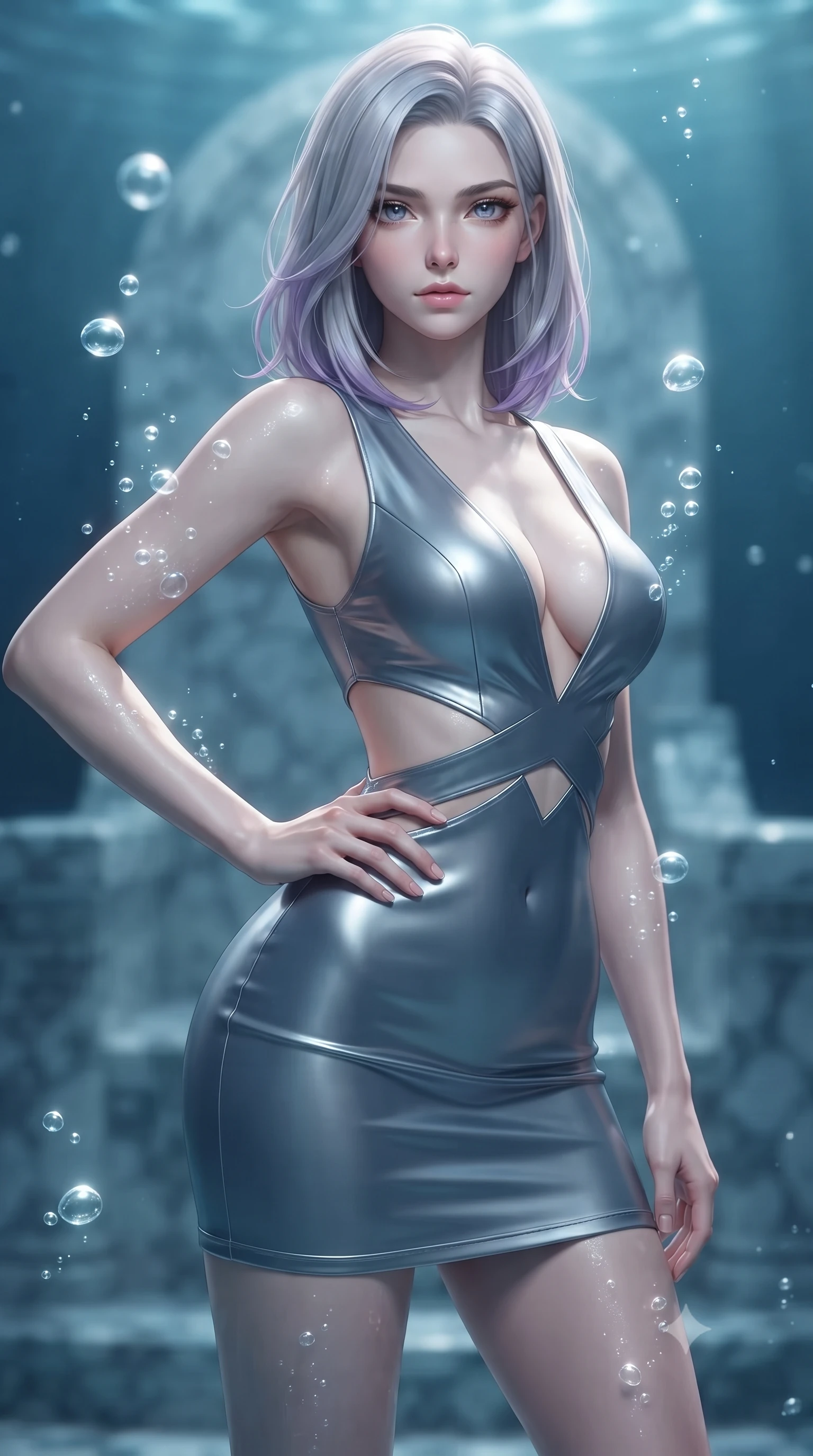score_9, masterpiece, best quality, ultra-detailed, high-budget anime keyframe, editorial fashion photography, tasteful artistic composition, Caucasian woman. close-up cowboy shot from the waist and thighs up, the character dominates the composition, filling the frame with her large presence, background elements kept in soft focus. Holding a powerful dynamic pose with one hand on her hip and body angled dramatically toward the key light while pivoting her torso in a fluid S-curve alignment over a submerged mosaic marble throne, rising bioluminescent bubbles casting soft pearl-like highlights on her skin. She has an exceptionally elegant, slender, and willowy female figure with an ultra-slim waist, a gracefully sculpted slender torso, and a refined silhouette. sharp v-shaped jawline, high-bridge nose, intricate jewel-like eyes with depth, thick eyelashes, glossy lips with a natural sheen, flawlessly proportioned anatomical accuracy, natural body alignment, perfectly sculpted elegant limbs, clean dynamic posture without body distortion. wearing a liquid mercury gloss mini dress with ultra-deep V-neck and waist cutouts in slate blue and metallic silver, crafted from smooth liquid silk, featuring subtle geometric cutouts that highlight her ultra-slim midriff, the sleek second-skin texture accentuating her magnetic presence. surrounded by a shimmering ocean aura with bright pearl-white specular rim lights. ultra-reflective glossy finish, specular highlights, metallic sheen, high-contrast stereoscopic depth, volumetric dynamic lighting, 2k, ultra detail, master piece, 9:16 ratio
