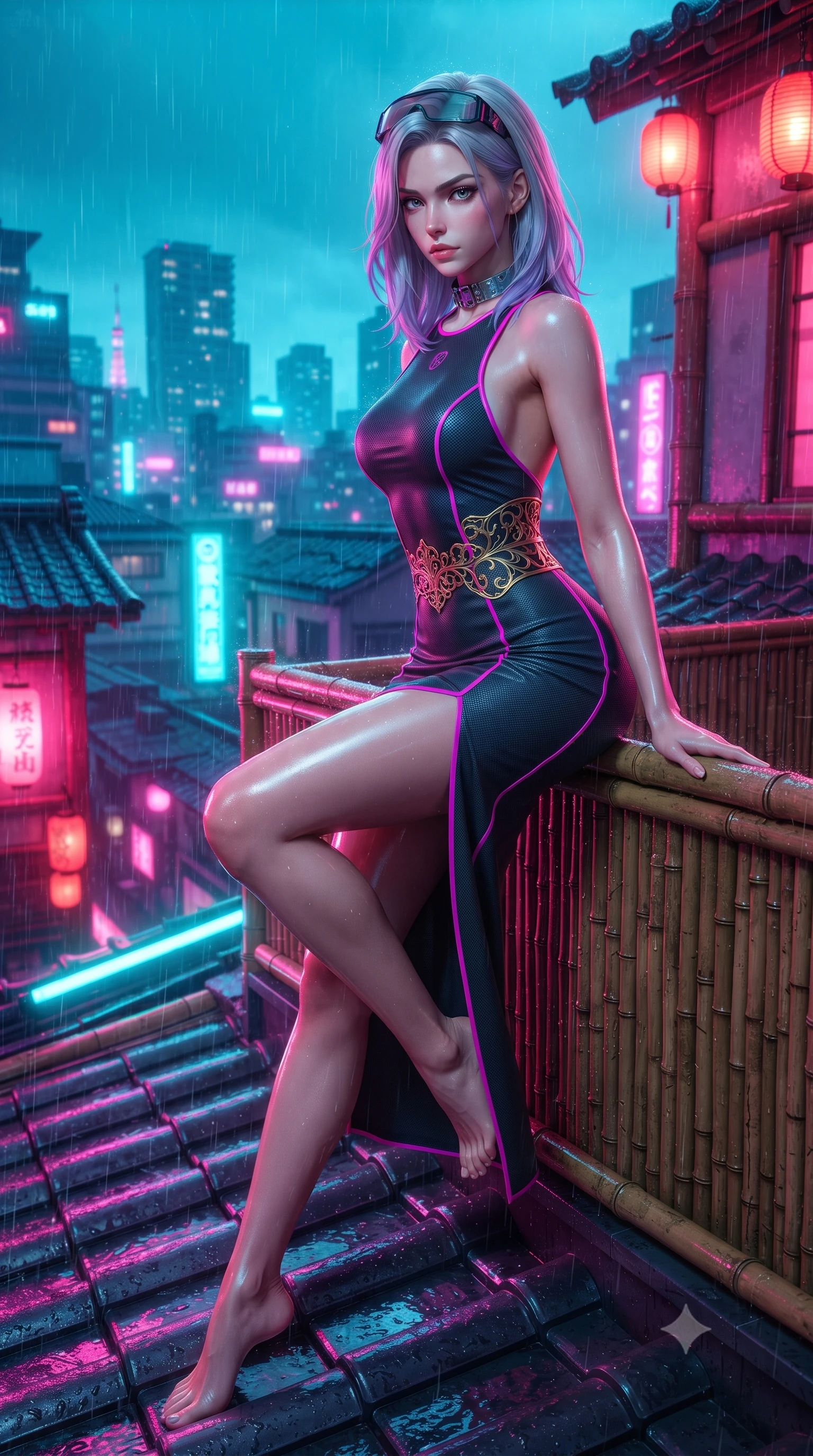score_9, masterpiece, best quality, ultra-detailed, high-budget anime keyframe, editorial fashion photography, tasteful artistic composition, Caucasian woman. low angle full-body shot from head to toe showing her feet, filling the entire 9:16 vertical frame with her statuesque presence, stretching her vertical silhouette. sitting perched on the elevated edge with hips angled toward the camera and legs crossed, displaying her toned midriff and flawlessly sculpted slender limbs while leaning deep against a rain-slicked rooftop bamboo railing with hips cocked back, looking over her shoulder as neon reflections wash over her curvy silhouette. The surrounding environment is rendered in vivid detail and crisp panoramic clarity. sharp bamboo lattice textures, wet ceramic roof tiles, and glowing neon tube reflections in deep focus. She has an absolutely perfect, statuesque 8.5-heads proportion, an exceptionally tall and slender model-like female figure with impossibly long slender legs, a toned flat midriff, an ultra-slim waist, and beautifully sculpted feminine hips. sharp v-shaped jawline, high-bridge nose, intricate jewel-like eyes with depth, thick eyelashes, glossy parted lips with a natural sheen, intensely captivating and seductive bedroom-eyes expression, flawlessly proportioned anatomical accuracy, strict slender model proportions, natural body alignment, perfectly sculpted long slender limbs, ultra-slim waistline, clean dynamic posture without body distortion. wearing a sleek obsidian column dress with gold filigree hip cincher and plunging backline in blazing neon magenta and deep charcoal, made of breathable technical athletic mesh and liquid-finish track nylon, accessorized with cyber-visor sunglasses resting on her brow and chunky silver choker, the second-skin form-contouring cut accentuating her sculpted flat midriff, narrow waistline, and dramatically curvy hips without adding bulk. bathed in vibrant magenta and electric cyan neon light contrasting with warm lantern scarlet downlights. ultra-reflective glossy finish, specular highlights, rich textural contrasts, high-contrast stereoscopic depth, volumetric dynamic lighting, 2k, ultra detail, master piece, 9:16 ratio