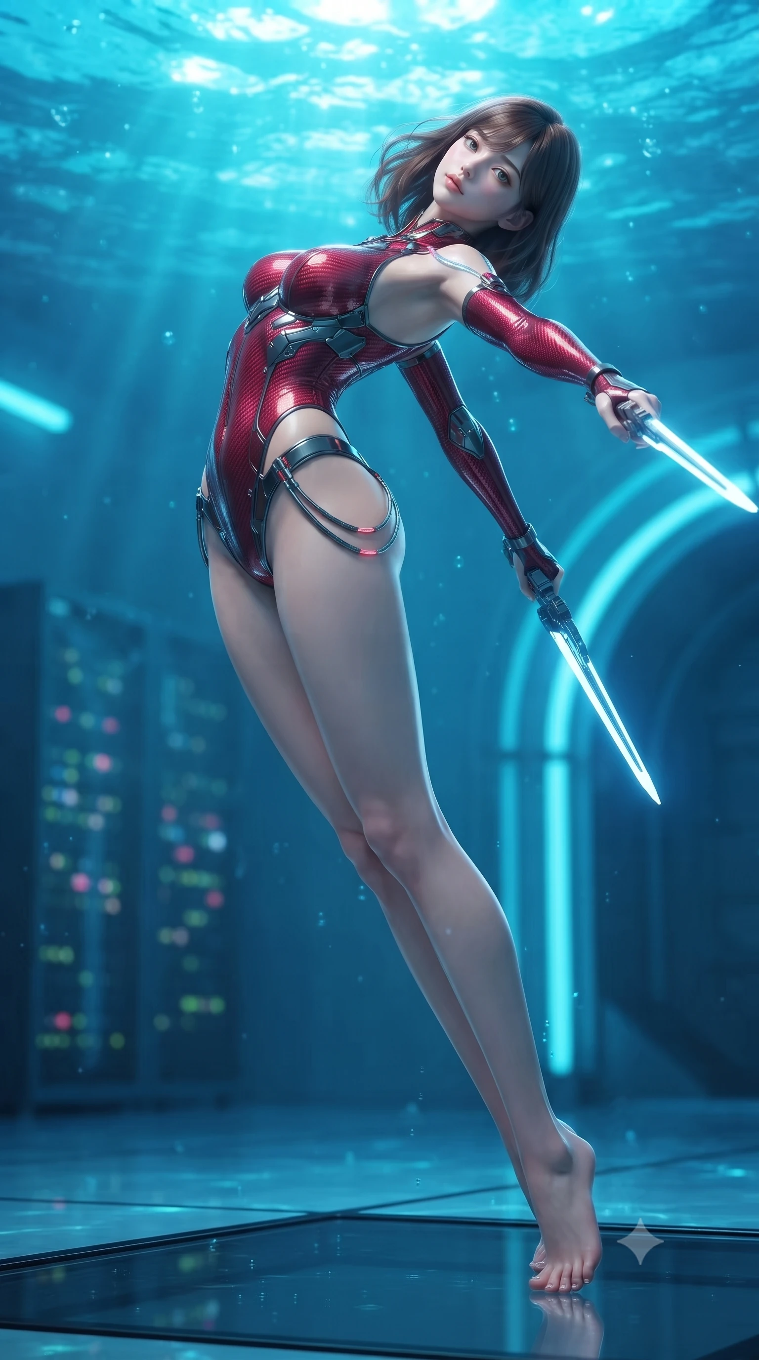 score_9, masterpiece, best quality, ultra-detailed, high-budget anime keyframe, editorial fashion photography, tasteful artistic composition, Korean woman. low angle full-body shot from head to toe showing her feet, filling the entire 9:16 vertical frame with her statuesque presence, stretching her vertical silhouette. arching her back gracefully in mid-air during a dynamic combat vault, her weapon energy trail framing her statuesque presence while landing gracefully on the black glass floor of a submerged underwater vault while crossing twin chrome particle pistols in tactical poise. The composition keeps background elements in soft focus with creamy bokeh. server rack LED status lights and pressurized glass arches softened by shallow cinematic depth of field. She has an absolutely perfect, statuesque 8.5-heads proportion, an exceptionally tall and slender model-like female figure with impossibly long slender legs, a toned flat midriff, and an ultra-slim waist. sharp v-shaped jawline, high-bridge nose, intricate jewel-like eyes with depth, thick eyelashes, glossy lips with a natural sheen, flawlessly proportioned anatomical accuracy, strict slender model proportions, natural body alignment, perfectly sculpted long slender limbs, ultra-slim waistline, clean dynamic posture without body distortion. wearing a skin-tight crimson carbon-weave combat leotard with metallic dark chrome plating and hip-accentuating cutouts, holding twin glowing high-frequency vibro-blades with effortless supermodel poise in deep crimson carbon weave with specular dark chrome accents, made of lightweight aerodynamic carbon-titanium alloy with polished edge bevels, accented with glowing fiber-optic conduits tracing her collarbones and hip curves, the sleek second-skin cut tightly hugging her graceful clavicle, narrow waist, and feminine curves with athletic precision. bathed in luminous sapphire and cyan aquatic backlighting with glittering water surface caustics. ultra-reflective glossy finish, specular highlights, dark metallic sheen, high-contrast stereoscopic depth, volumetric dynamic lighting, 2k, ultra detail, master piece, 9:16 ratio