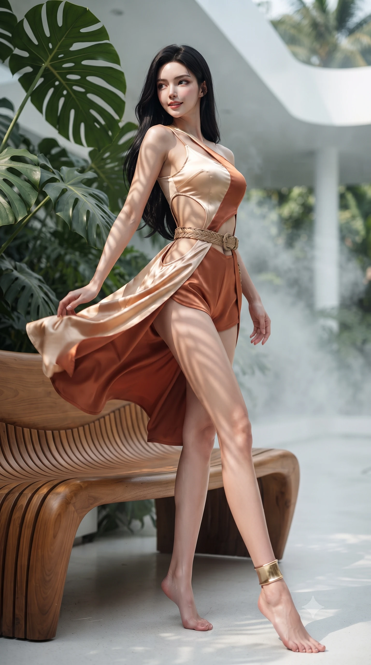 score_9, masterpiece, best quality, ultra-detailed, high-budget anime keyframe, editorial fashion photography, tasteful artistic composition, Korean woman. low angle full-body shot from head to toe showing her feet, filling the entire 9:16 vertical frame with her statuesque presence, stretching her vertical silhouette. executing an elegant mid-motion turn as garments swirl around her slender limbs, glancing over her shoulder with smoldering allure while leaning back against sculpted ergonomic teak furniture surrounded by giant monstera leaves, smiling with radiant warmth. The composition keeps background elements in soft focus with creamy bokeh. sleek white architecture and ambient vapor mist softened in bright dreamy shallow focus. She has an absolutely perfect, statuesque 8.5-heads proportion, an exceptionally tall and slender model-like female figure with impossibly long slender legs, a toned flat midriff, and an ultra-slim waist. sharp v-shaped jawline, high-bridge nose, intricate jewel-like eyes with depth, thick eyelashes, glossy parted lips with a natural sheen, intensely captivating and seductive expression, flawlessly proportioned anatomical accuracy, strict slender model proportions, natural body alignment, perfectly sculpted long slender limbs, ultra-slim waistline, clean dynamic posture without body distortion. wearing a cut-out solarpunk asymmetrical bodysuit with organic leaf-curve side openings and athletic shorts in sun-kissed champagne and warm terracotta, tailored from smooth liquid silk satin with subtle floral jacquard, accessorized with a woven botanical belt and minimalist gold ankle cuff, the breezy yet form-flattering drape swaying gracefully with her steps, accentuating her long willowy limbs and ultra-slim waistline. illuminated by organic stencil shadows from tropical leaves tracing her sculpted torso and legs. ultra-reflective glossy finish, specular highlights, rich textural contrasts, high-contrast stereoscopic depth, volumetric dynamic lighting, 2k, ultra detail, master piece, 9:16 ratio