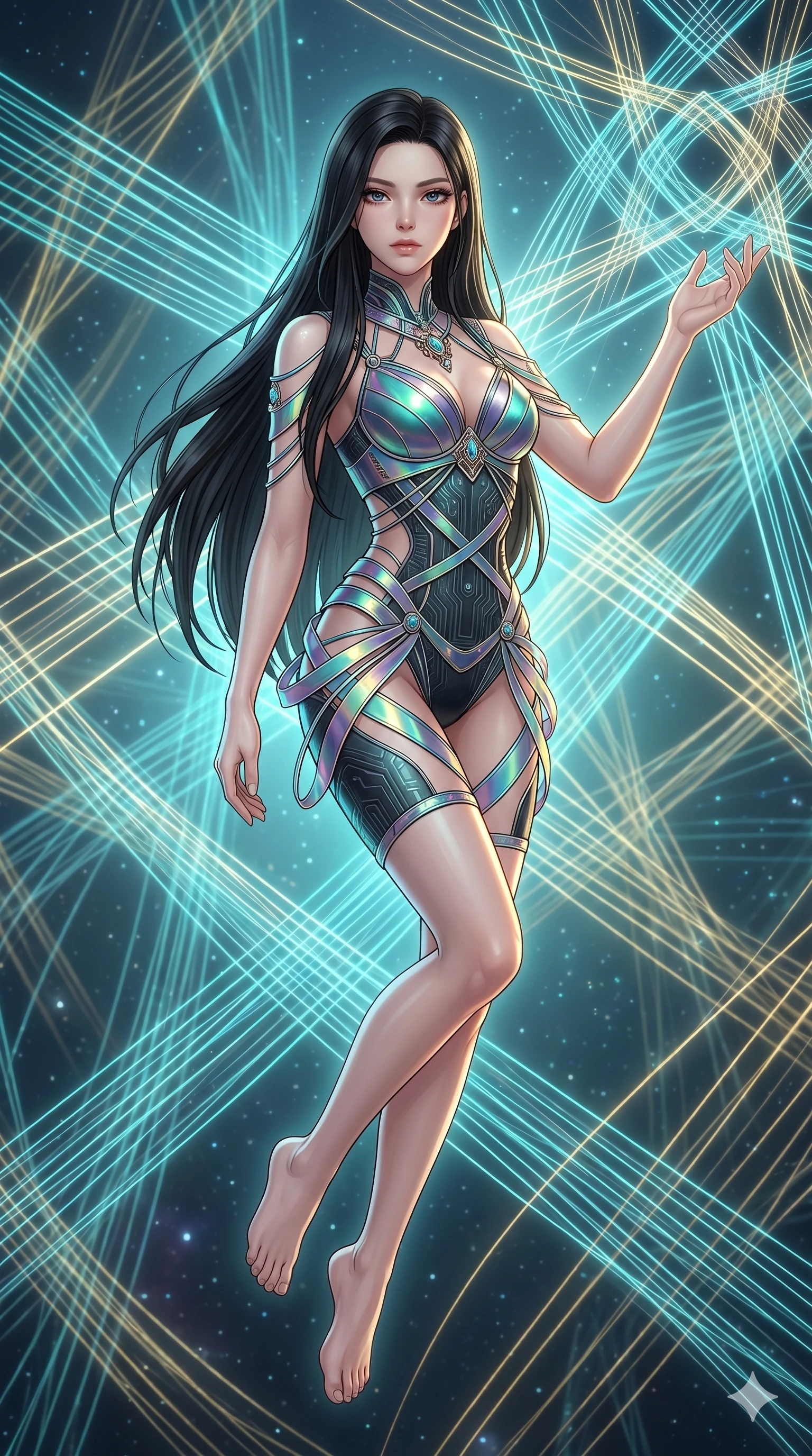 score_9, masterpiece, best quality, ultra-detailed, high-budget anime keyframe, Korean woman. upper body close-up from the thighs up, character filling the screen for maximum presence. floating suspended in an ethereal loom room where millions of luminescent cyan and gold threads intersect and weave geometric patterns. She has an absolutely perfect 8-heads proportion, an exceptionally tall and slender female figure with impossibly long slender legs and an ultra-slim waist. V-shaped jawline, high-bridge nose, intricate jewel-like eyes with depth, thick eyelashes, glossy lips with a natural sheen.. wearing a holographic ribbon shell armor, featuring thin iridescent plates linked by wire straps over a sleek structured base layer. lit by a soft glowing ambient light and a sharp side key light that traces the sleek contours of her athletic build. 2k, ultra detail, master piece, 9:16 ratio