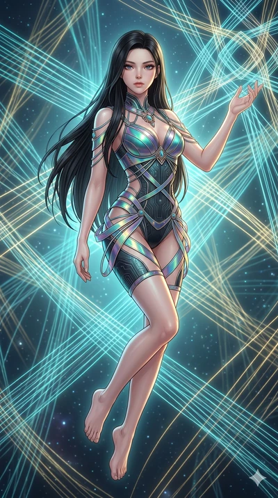 score_9, masterpiece, best quality, ultra-detailed, high-budget anime keyframe, Korean woman. upper body close-up from the thighs up, character filling the screen for maximum presence. floating suspended in an ethereal loom room where millions of lum