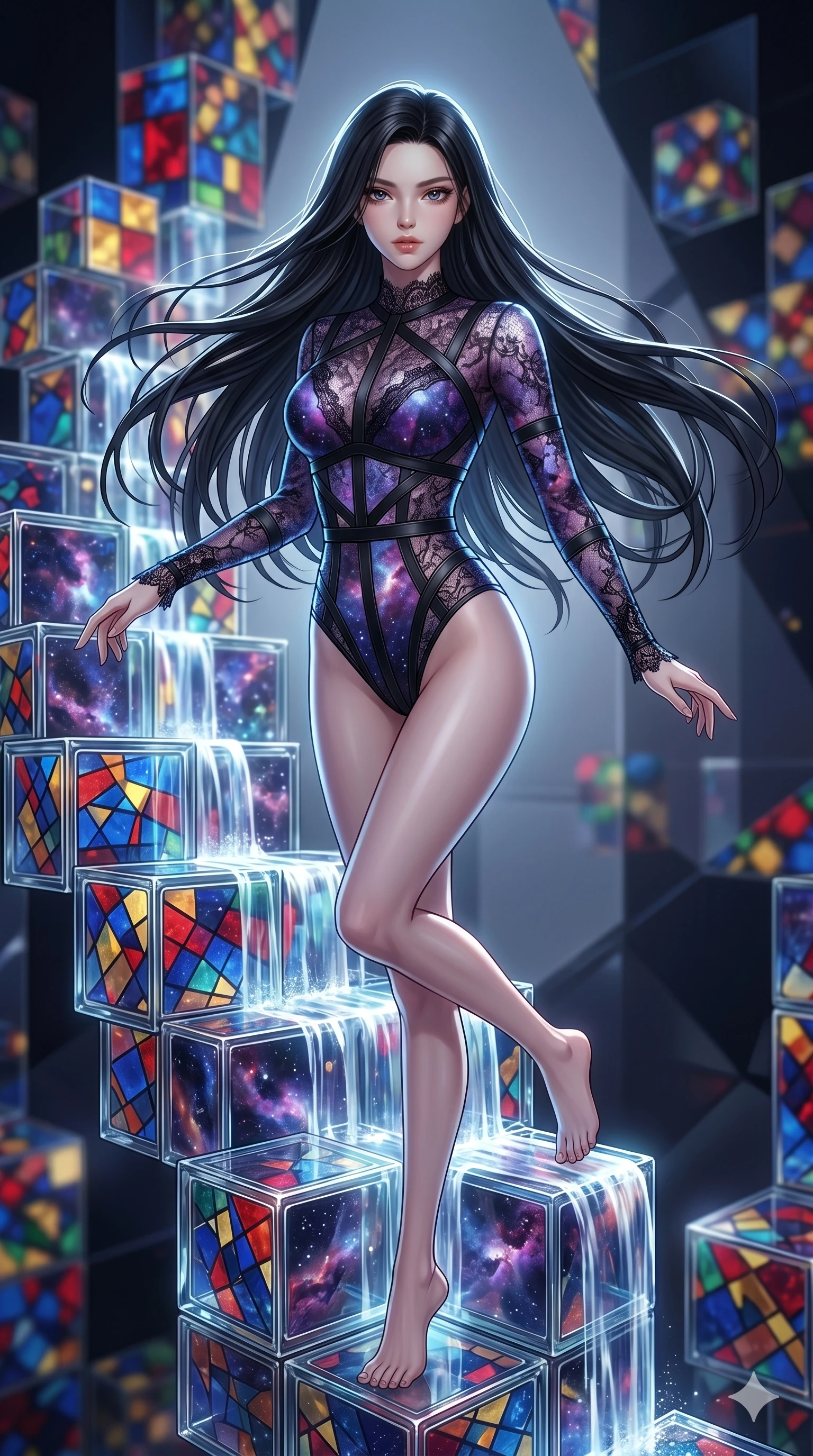 score_9, masterpiece, best quality, ultra-detailed, high-budget anime keyframe, Korean woman. upper body close-up from the thighs up, character filling the screen for maximum presence. balancing on cubist glass blocks that cascade like a waterfall, reflecting complex mosaic patterns and primary colors. She has an absolutely perfect 8-heads proportion, an exceptionally tall and slender female figure with impossibly long slender legs and an ultra-slim waist. V-shaped jawline, high-bridge nose, intricate jewel-like eyes with depth, thick eyelashes, glossy lips with a natural sheen.. wearing a gothic nebula lace bodysuit, featuring a semi-opaque sculptural lace bodysuit with cosmic nebula patterns, reinforced by matte leather straps. lit by a soft glowing ambient light and a sharp side key light that traces the sleek contours of her athletic build. 2k, ultra detail, master piece, 9:16 ratio