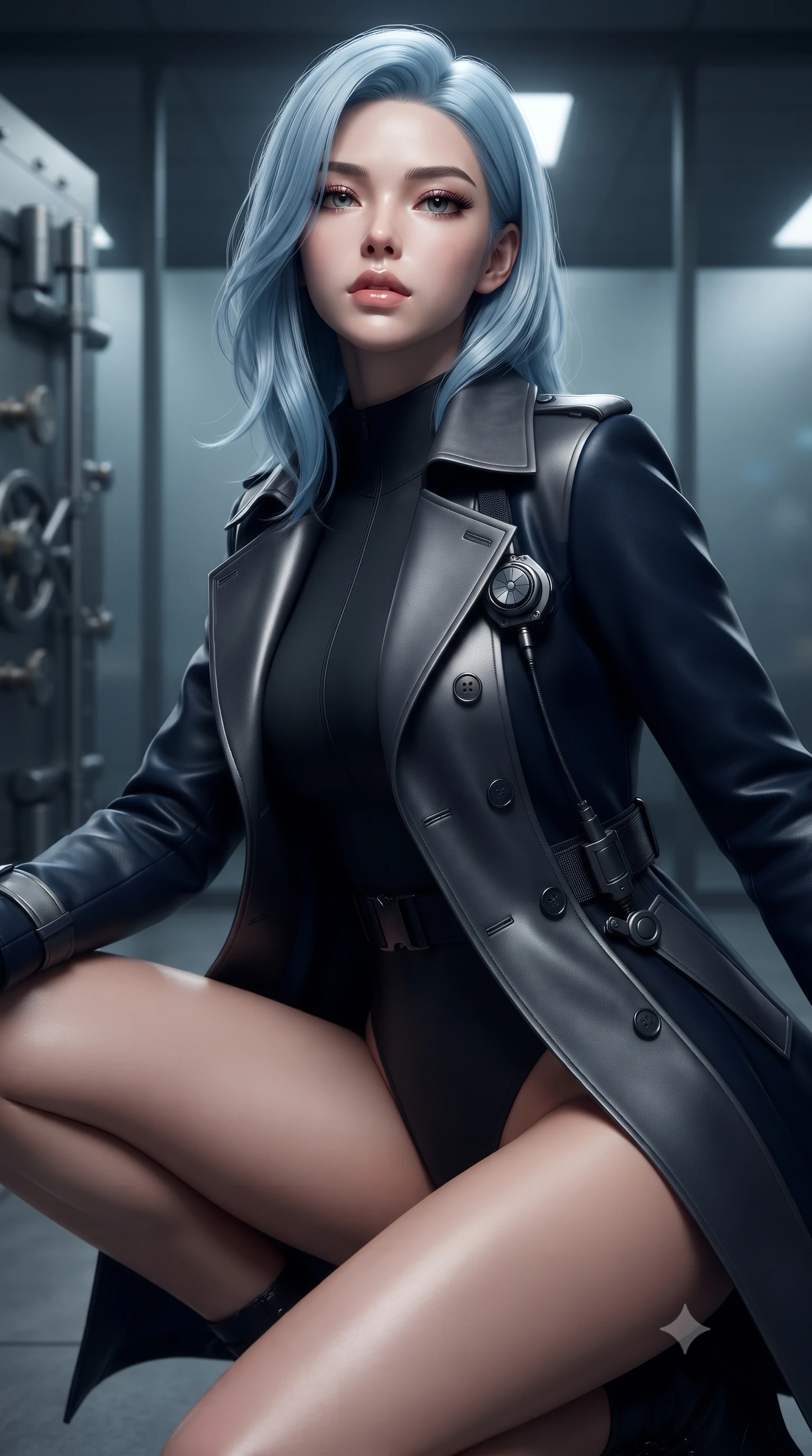 score_9, masterpiece, best quality, ultra-detailed, high-budget anime keyframe, editorial fashion photography, tasteful artistic composition, Korean woman. close-up cowboy shot from the waist and thighs up, the character dominates the composition, filling the frame with her large presence. tilting her chin up with proud, sovereign confidence while gazing directly into the lens with thick, dark eyelashes while sliding into a low tactical crouch beside a glowing data core, eyes scanning the perimeter with lethal intelligence. The composition keeps background elements in soft focus with creamy bokeh. heavy vault door locking bolts and frosted glass partition walls softened in moody shallow depth of field. She has an exceptionally elegant, slender, and willowy female figure with an ultra-slim waist, a gracefully sculpted slender torso, toned flat midriff, and a refined slim silhouette. sharp v-shaped jawline, high-bridge nose, intricate jewel-like eyes with depth, thick eyelashes, glossy lips with a natural sheen, captivating and magnetic expression, flawlessly proportioned anatomical accuracy, strict slender model proportions, natural body alignment, perfectly sculpted long slender limbs, ultra-slim waistline, clean dynamic posture without body distortion. wearing a matte-black aerodynamic stealth leotard worn under an open tailored double-breasted spy trench in deep midnight blue and brushed gunmetal, crafted from flexible ballistic matte leather and ultra-sleek stretch neoprene, equipped with a grappling cable spool mechanism and tactical waist belt, the breezy yet form-flattering drape swaying gracefully with her steps, accentuating her long willowy limbs and slim waistline. illuminated by crisp directional rim lighting sharply carving her ultra-slim waist and sculpted silhouette. ultra-reflective glossy finish, specular highlights, rich textural contrasts, high-contrast stereoscopic depth, volumetric dynamic lighting, 2k, ultra detail, master piece, 9:16 ratio