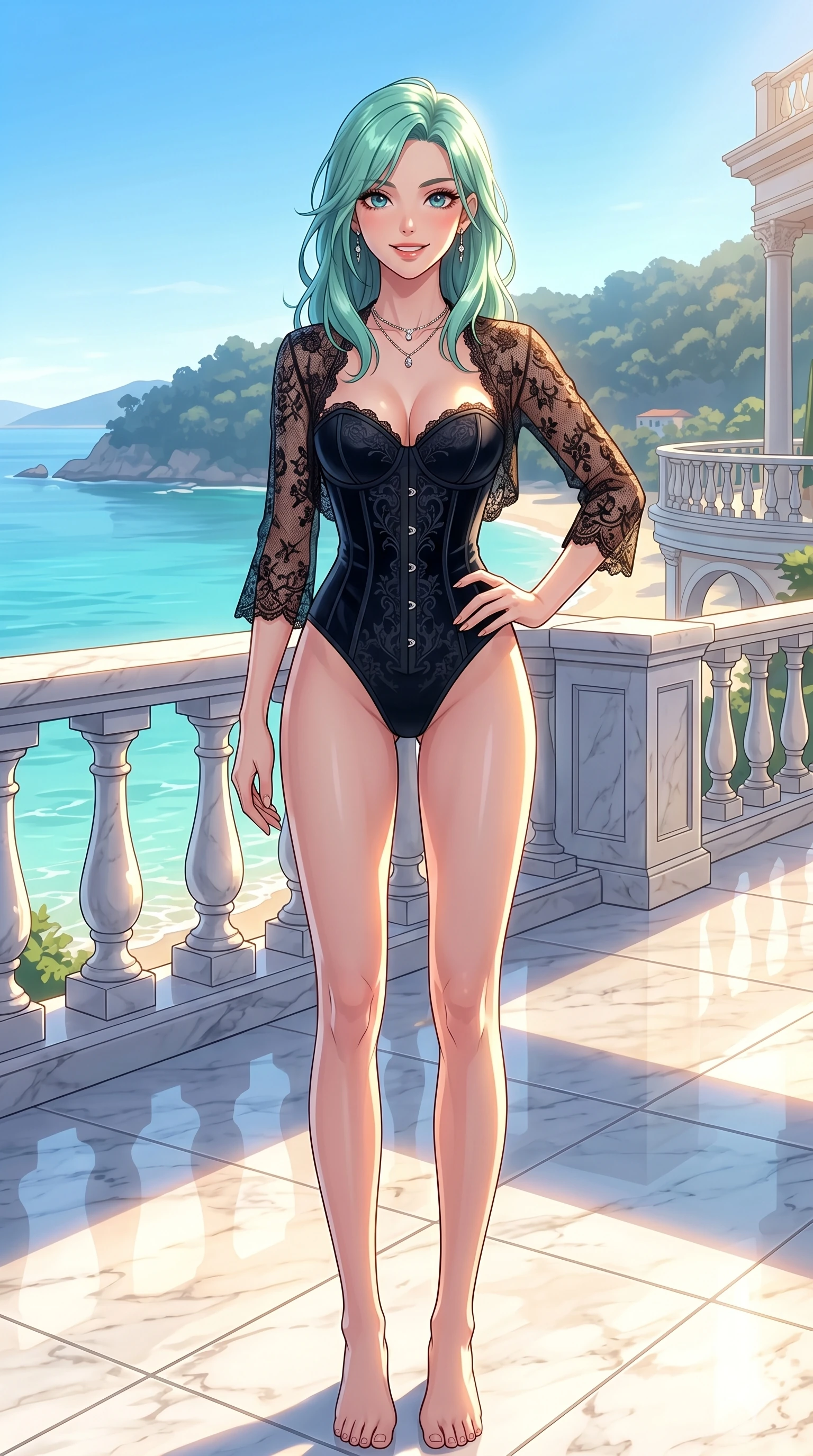 score_9, masterpiece, best quality, ultra-detailed, high-budget anime keyframe, vibrant anime aesthetic, Japanese woman. cowboy shot from the thighs up, character and outfit filling the frame for maximum presence. She is standing proud and tall, her face lit by a warm, lively smile of confidence on a sunlit marble terrace in a private bay (Code-P20-161). She has an absolutely perfect 8-heads proportion, an exceptionally tall and slender female figure with impossibly long slender legs and an ultra-slim waist. V-shaped jawline, high-bridge nose, intricate jewel-like eyes with depth, thick eyelashes, glossy lips with a natural sheen. wearing a dark velvet corset combined with a sheer lace shrug. She is bathed in brilliant, warm morning sunbeams creating sharp highlights on her form. 2k, ultra detail, master piece, 9:16 ratio