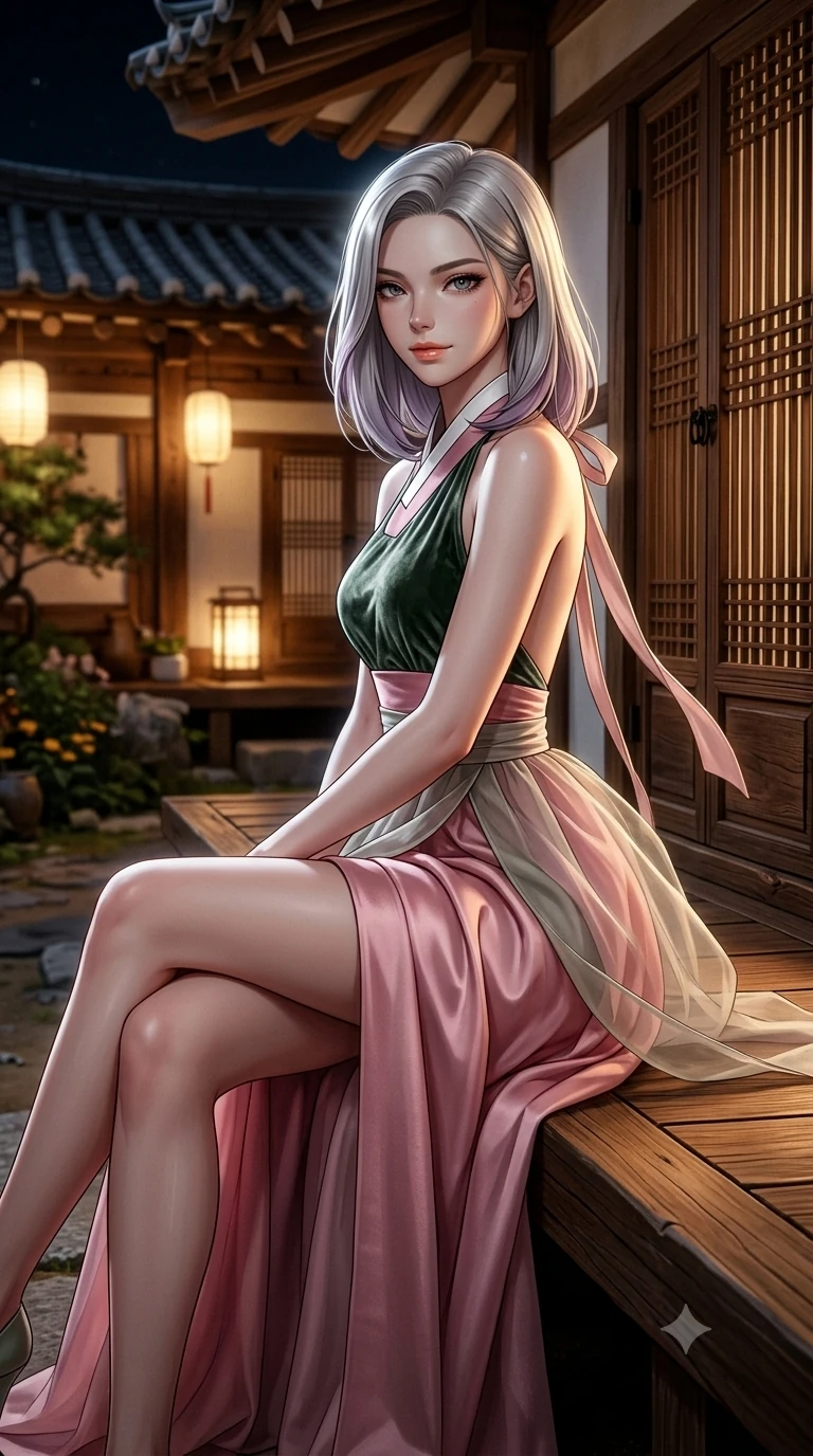 score_9, masterpiece, best quality, ultra-detailed, high-budget anime keyframe, semi-realistic 3D game render, editorial fashion photography, tasteful artistic composition, Caucasian woman. close-up cowboy shot from the waist and thighs up, the character dominates the composition, filling the frame with her large presence. smiling with quiet, magnetic self-assurance directly into the camera, her sculpted waistline catching specular moonbeam highlights while perched sideways on the wooden maru veranda edge, one knee drawn up to showcase her slender leg line while her arched back accentuates her feminine curves. The surrounding environment is rendered in vivid detail and crisp panoramic clarity: detailed liquid silk satin halter leotard tailoring, sheer nobang wrap skirt, and traditional hanok architecture in razor-sharp precision. She has an exceptionally elegant, slender, and willowy female figure with an ultra-slim waist, flat toned midriff, narrow ribcage, and sculpted feminine hips creating an alluring, slim hourglass silhouette without bulk. sharp v-shaped jawline, high-bridge nose, sparkling eyes with hypnotic seductive depth, thick curled eyelashes, glossy parted lips with a natural dewy peach sheen, alluring bedroom-eyes with an enchanting coquettish smile, exuding magnetic siren charisma and sophisticated glamour, flawlessly proportioned anatomical accuracy, strict slender model proportions, natural body alignment, perfectly sculpted long slender limbs, ultra-slim waistline, clean dynamic posture without body distortion. wearing a tailored silk faille evening gown with traditional curved dongjeong collar and tailored sleeves in soft lotus rose and morning dew sage green, tailored from crushed dark velvet with deep light-absorbing plush texture, finished with long silk ribbon ties fluttering down her bare spine from a backless halter, the bespoke structured tailoring following the natural line of her 8.5-heads silhouette with refined elegance. illuminated by courtyard lantern bounce and sharp honey-gold rim lights sculpting her razor-sharp jawline, narrow waist, and curvy hips. highly saturated vibrant anime colors, detailed shading with soft gradients, rich glossy textures, high-contrast stereoscopic depth, volumetric dynamic lighting, master piece, 9:16 ratio
