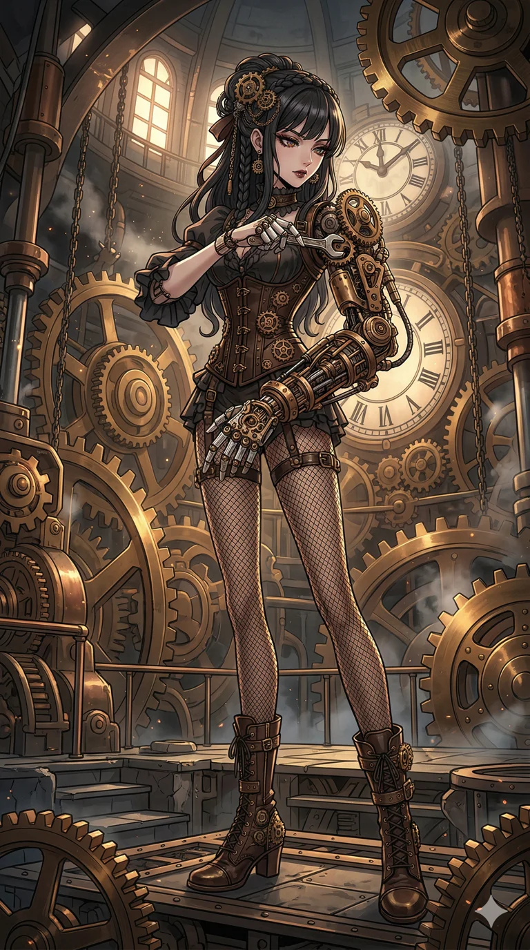 score_9, masterpiece, best quality, ultra-detailed, high-budget anime keyframe, an incredibly beautiful Japanese woman. Dynamic low angle cowboy shot filling the entire 9:16 frame with her statuesque presence. She is a clockwork android tuning her mechanical arm. She has an absolutely perfect 8-heads proportion, an exceptionally tall and slender female figure with impossibly long slender legs and an ultra-slim waist. Her face is a highly detailed masterpiece featuring a sharp v-shaped jawline, high-bridge nose, intricate jewel-like eyes, thick eyelashes, and glossy lips. She is wearing a steampunk-inspired corset with fishnet stockings and bronze gears. Inside a massive clocktower with giant brass gears, cinematic lighting., 2k, ultra detail, master piece, 9:16 ratio