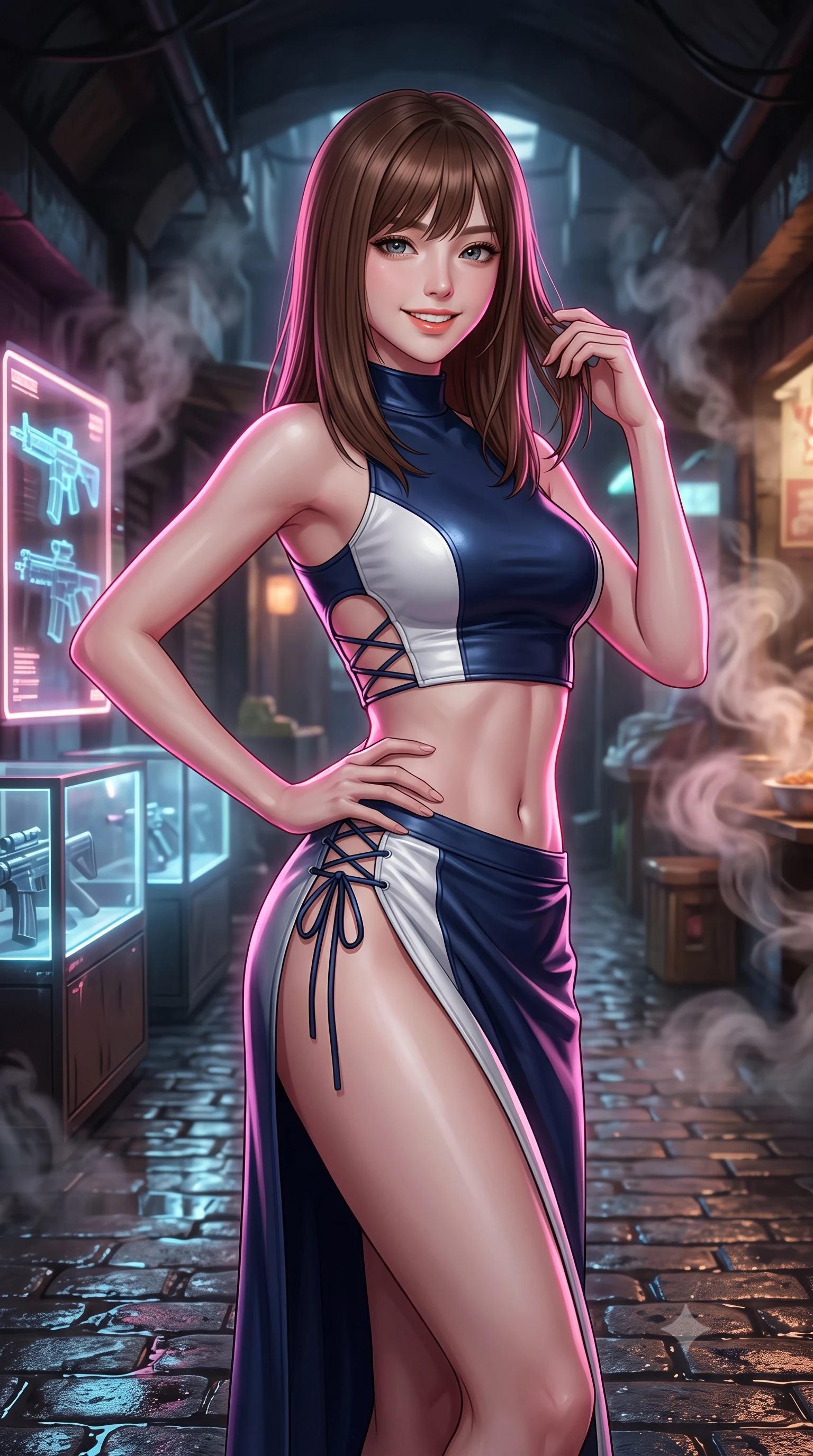 score_9, masterpiece, best quality, ultra-detailed, high-budget anime keyframe, semi-realistic 3D game render, editorial fashion photography, tasteful artistic composition, Korean woman. close-up cowboy shot from the waist and thighs up, the character dominates the composition, filling the frame with her large presence. twisting her slender torso in an alluring contrapposto stance, one hand resting on her sculpted hip while her fingers toy with her hair with effortless poise while standing poised on the wet cobblestones between glowing holographic weapon display cases, arching her spine with seductive combat poise as aromatic noodle steam rises. The background shows a soft-focus swirling aromatic food steam softened in subterranean market alley shallow focus. She has an exceptionally elegant, slender, and willowy female figure with an ultra-slim waist, flat toned midriff, narrow ribcage, and sculpted feminine hips creating an alluring, slim hourglass silhouette without bulk. sharp v-shaped jawline, high-bridge nose, intricate jewel-like sparkling eyes with depth, thick eyelashes, glossy parted lips with a natural peach sheen, bright cheerful beaming smile with an enchanting and coquettish sensual glint, exuding both youthful cute charm and seductive allure, flawlessly proportioned anatomical accuracy, strict slender model proportions, natural body alignment, perfectly sculpted long slender limbs, ultra-slim waistline, clean dynamic posture without body distortion. wearing an alluring tactical crop top with asymmetrical side-rib cutouts and high-neck collar paired with a high-slit wrap skirt in pristine orbital navy white and silver starlight, woven from buttery-soft stretch lambskin leather adhering to her body like a second skin, featuring fine criss-cross lace-up side ties revealing tantalizing glimpses of her hip curve, the precision-cut side openings and low-back scoop framing her graceful spine and the sensual sweep of her slim, toned hips. illuminated by puddle reflection bounce and sharp neon-pink rim lights sculpting her jawline, narrow waist, and curvy hips. highly saturated vibrant anime colors, detailed shading with soft gradients, rich glossy textures, high-contrast stereoscopic depth, volumetric dynamic lighting, master piece, 9:16 ratio