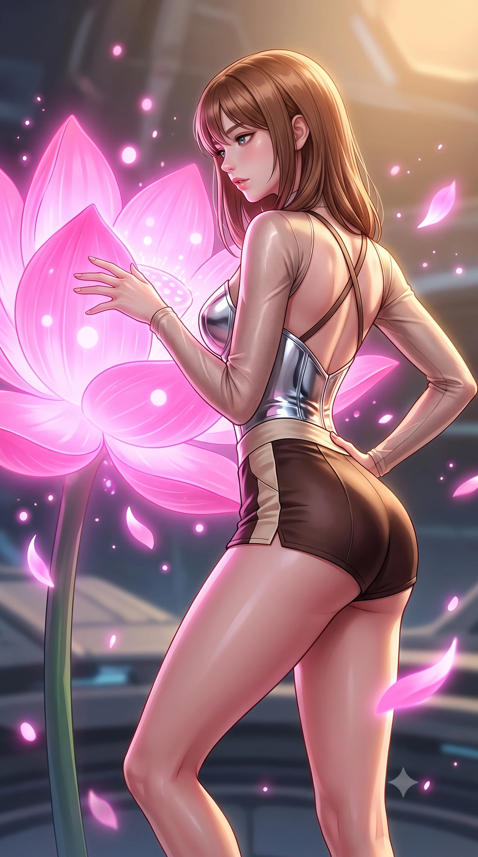 score_9, masterpiece, best quality, ultra-detailed, high-budget anime keyframe, editorial fashion photography, tasteful artistic composition, Korean woman. close-up cowboy shot from the waist and thighs up, the character dominates the composition, filling the frame with her large presence, background elements kept in soft focus. Holding a powerful dynamic pose with one hand on her hip and body angled dramatically toward the key light while reaching out to touch a giant bioluminescent pink lotus flower emitting soft light orbs, glowing pink lotus petals scattering soft bioluminescent spores around her silhouette. She has an exceptionally elegant, slender, and willowy female figure with an ultra-slim waist, a gracefully sculpted slender torso, and a refined silhouette. sharp v-shaped jawline, high-bridge nose, intricate jewel-like eyes with depth, thick eyelashes, glossy lips with a natural sheen, flawlessly proportioned anatomical accuracy, natural body alignment, perfectly sculpted elegant limbs, clean dynamic posture without body distortion. wearing a chrome-plated structured bodice worn over a sheer mesh top and micro-shorts in espresso brown and warm cream, crafted from smooth liquid silk, complemented by criss-cross back straps highlighting her bare shoulders, the glove-like fit emphasizing her statuesque silhouette during motion. illuminated by radiant pink bioluminescence and warm golden top lighting. highly saturated vibrant anime colors, detailed shading with soft gradients, rich glossy textures, high-contrast stereoscopic depth, volumetric dynamic lighting, master piece, 9:16 ratio