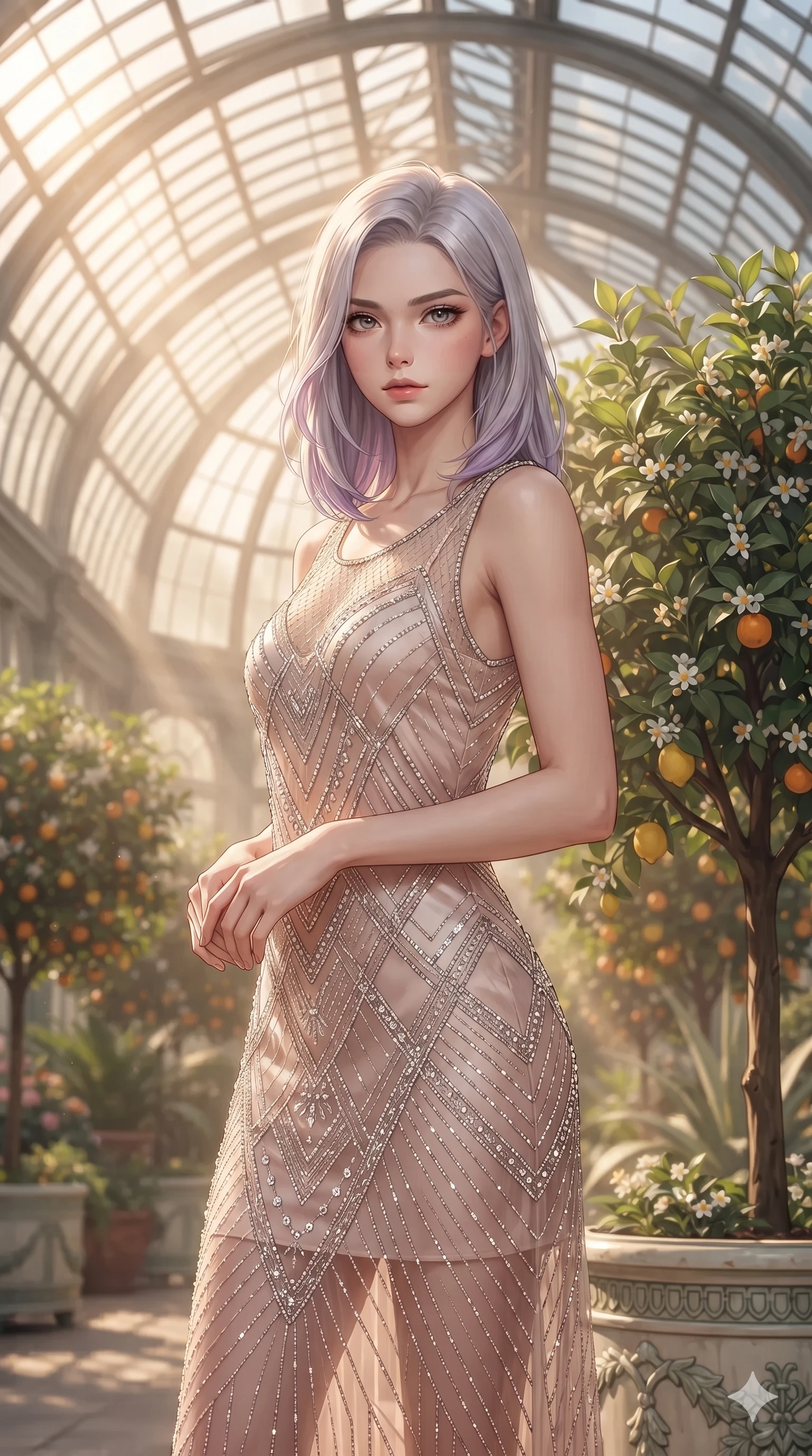 score_9, masterpiece, best quality, ultra-detailed, high-budget anime keyframe, editorial fashion photography, tasteful artistic composition, Caucasian woman. close-up cowboy shot from the waist and thighs up, the character dominates the composition, filling the frame with her large presence. twisting her slender torso in a deep contrapposto stance, hips dramatically shifted to accentuate her feminine curves while looking past her shoulder with smoldering bedroom-eyes while standing poised beneath the soaring curved glass ceiling beside a flowering citrus tree, arching her spine with ethereal siren poise as afternoon sunbeams lance through glass panes. The background shows a soft-focus flowering orange and lemon trees in terracotta urns, classical marble sculptures, and curved glass roof ribs blurred into citrus gold, emerald, and ivory bokeh. She has an exceptionally elegant, slender, and willowy female figure with an ultra-slim waist, flat toned midriff, narrow ribcage, and sculpted feminine hips creating an alluring, slim hourglass silhouette without bulk. sharp v-shaped jawline, high-bridge nose, intricate jewel-like sparkling eyes with depth, thick eyelashes, glossy parted lips with a natural sheen, intensely captivating and seductive bedroom-eyes expression, exuding both youthful cute charm and sovereign luxury allure, flawlessly proportioned anatomical accuracy, strict slender model proportions, natural body alignment, perfectly sculpted long slender limbs, ultra-slim waistline, clean dynamic posture without body distortion. wearing a sheer vintage mesh flapper dress adorned with intricate geometric beadwork over an opaque silk micro-slip in sakura blossom pink and warm ivory, tailored from smooth liquid silk satin that clings smoothly to her narrow waist and rounded hips with a dewy sheen, complemented by strappy stiletto sandals with metallic ankle wraps accentuating her slender calves, the high-slit wrap tailoring accentuating her ultra-slim waistline and the enchanting curve of her feminine hips with alluring seductive charm. illuminated by polished limestone floor reflections and sharp emerald-gold rim lights sculpting her razor-sharp jawline, narrow waist, and curvy hips. ultra-reflective glossy finish, specular highlights, rich textural contrasts, high-contrast stereoscopic depth, volumetric dynamic lighting, 2k, ultra detail, master piece, 9:16 ratio