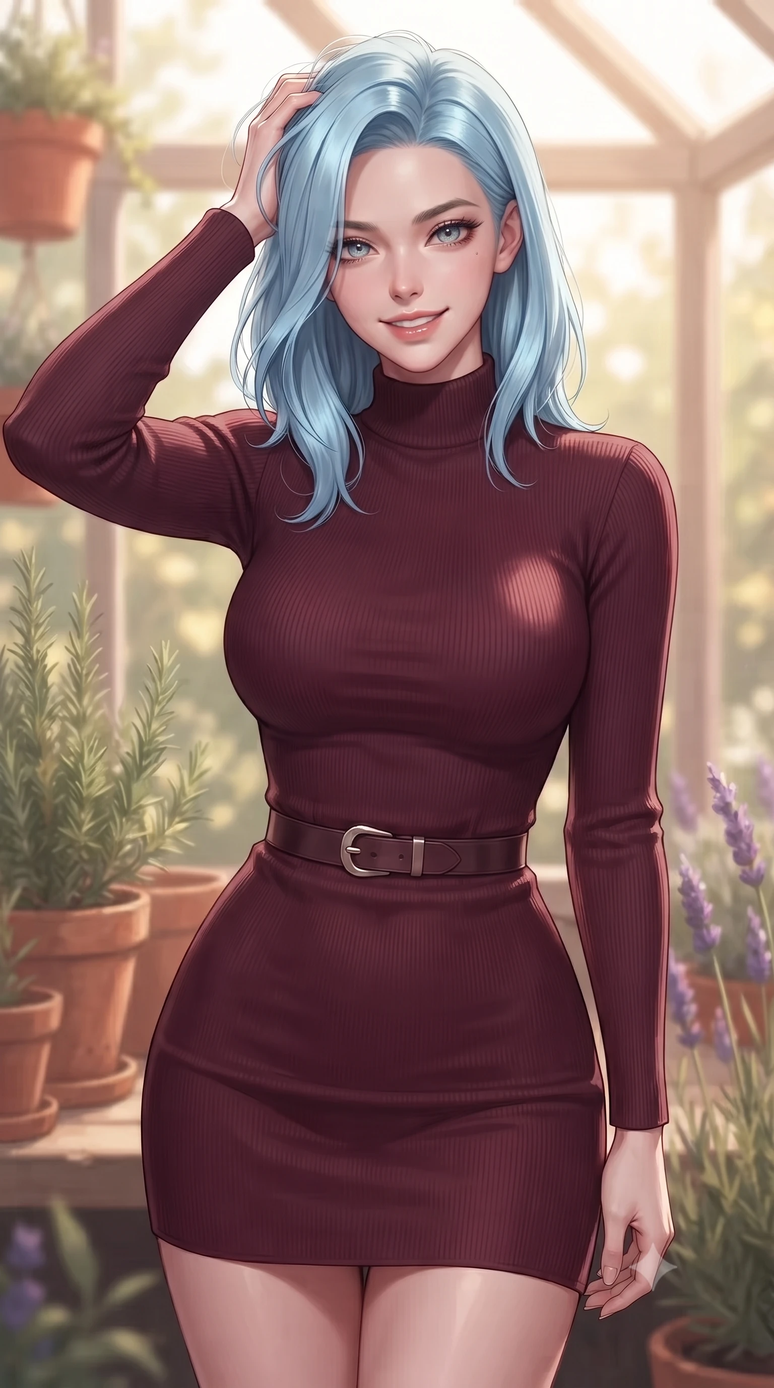 score_9, masterpiece, best quality, ultra-detailed, high-budget anime keyframe, editorial fashion photography, tasteful artistic composition, Korean woman woman. close-up cowboy shot from the waist and thighs up, the character dominates the composition, filling the frame with her large presence, background elements kept in soft focus. smiling with quiet, magnetic self-assurance directly into the camera, running a hand through her hair the background shows a soft-focus a cozy garden greenhouse, surrounded by terracotta pots, rosemary, and lavender. She has an exceptionally elegant, slender, and willowy female figure with an ultra-slim waist, a gracefully sculpted slender torso, and a refined silhouette. sharp v-shaped jawline, high-bridge nose, intricate jewel-like eyes with depth, thick eyelashes, glossy lips with a natural sheen. wearing a body-hugging form-contouring bodycon sweater dress in deep burgundy, featuring a snug mock-neck. warm, diffused daylight creating a quiet and productive mood. ultra-reflective glossy finish, specular highlights, metallic sheen, high-contrast stereoscopic depth, volumetric dynamic lighting, 2k, ultra detail, master piece, 9:16 ratio