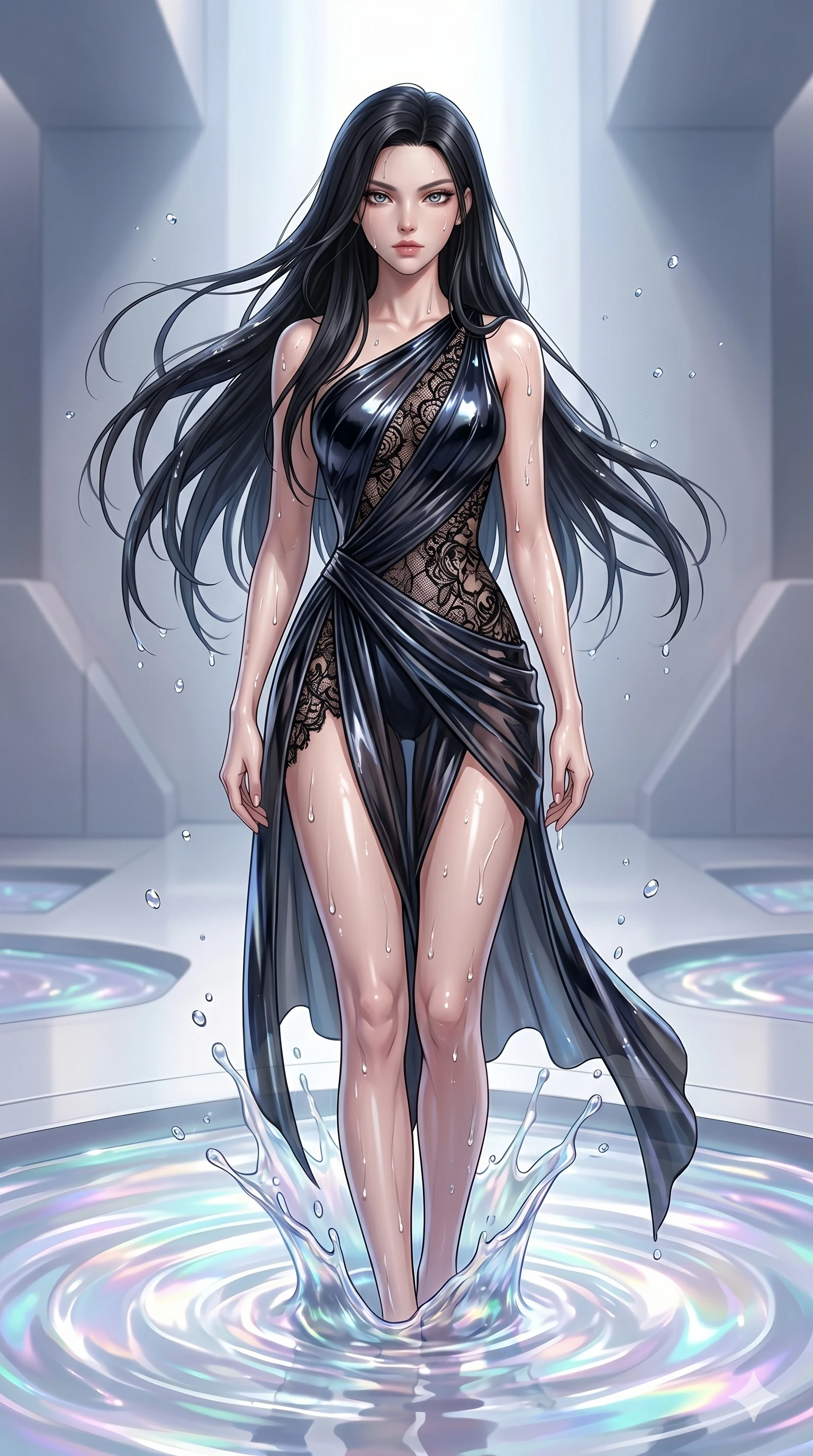 score_9, masterpiece, best quality, ultra-detailed, High-budget Anime Keyframe, East Asian woman. Dynamic full-body shot stretching the vertical silhouette to the limit. Scenario 294: Rising from a pool of shimmering fluid environment, droplets rolling off her skin. Her presence is magnetic and overpowering in this high-budget anime scene. Outfit 294: A patent leather fine technical fiber with a artistically draped detail and delicate lace embroidery. The clothing is designed to emphasize her exceptionally tall and slender 8-heads proportion. 8-heads proportion, towering silhouette, ultra-slim waist. sharp v-shaped jawline, intricate jewel-like eyes with depth, thick eyelashes, glossy lips. 2k, ultra detail, master piece, 9:16 ratio