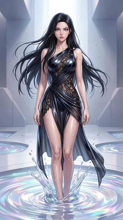score_9, masterpiece, best quality, ultra-detailed, High-budget Anime Keyframe, East Asian woman. Dynamic full-body shot stretching the vertical silhouette to the limit. Scenario 294: Rising from a pool of shimmering fluid environment, droplets rolli