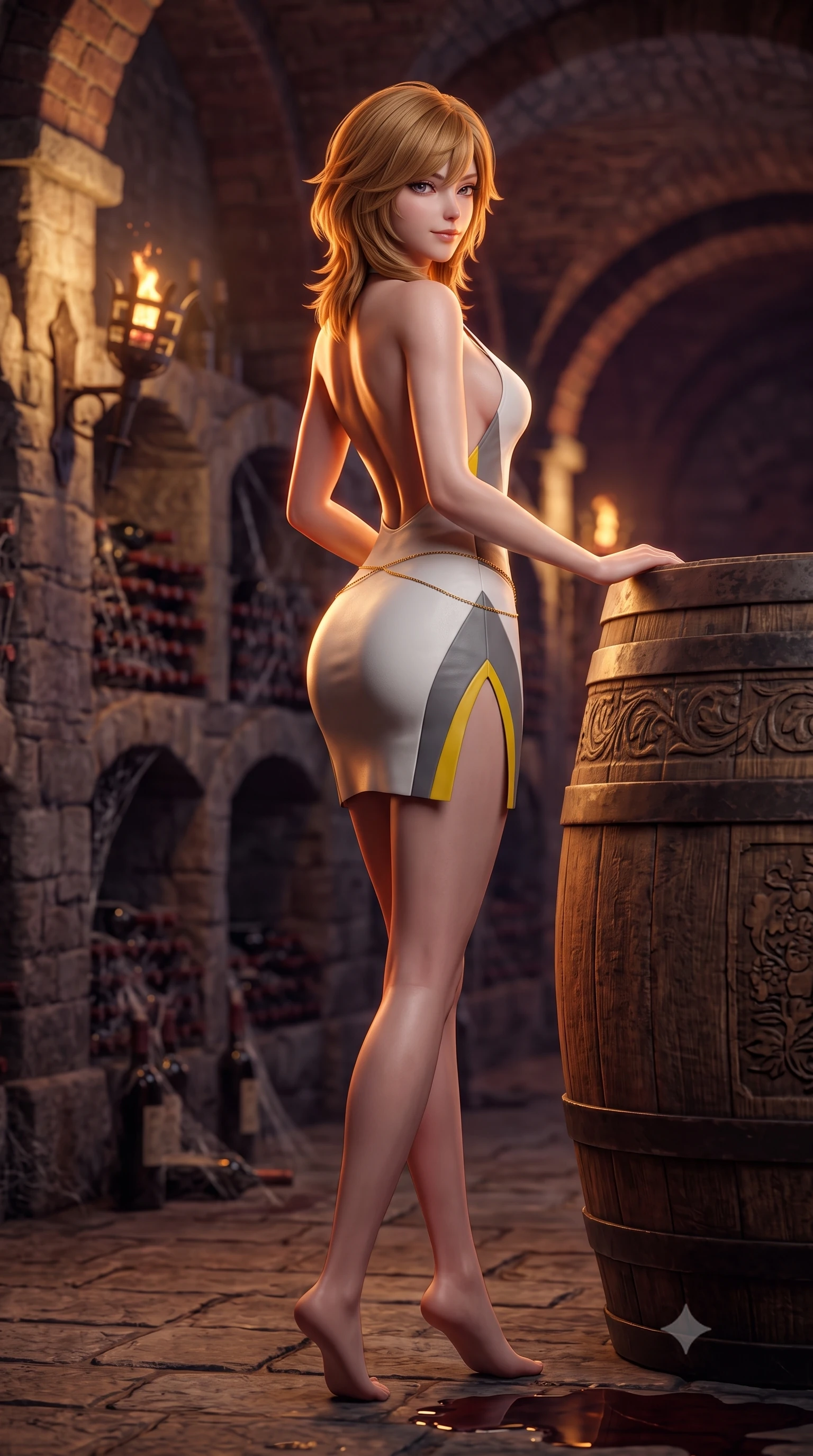 score_9, masterpiece, best quality, ultra-detailed, high-budget anime keyframe, semi-realistic 3D game render, editorial fashion photography, tasteful artistic composition, Korean woman. low angle full-body shot from head to toe showing her feet, filling the entire 9:16 vertical frame with her statuesque presence, stretching her vertical silhouette. walking along the terrace with poise, looking back over her bare shoulder with an irresistible smoldering bedroom-gaze while lounging against an ancient carved wine cask with legs crossed, arching her lower back with seductive vampire queen poise. The background shows a soft-focus rows of cobwebbed wine bottles in stone alcoves, flickering iron wall braziers, and vaulted brick arches blurred into burgundy, bronze, and charcoal bokeh. She has an absolutely perfect, statuesque 8.5-heads proportion, an exceptionally tall and slender model-like female figure with impossibly long slender legs, an ultra-slim waist, a flat toned midriff, narrow delicate ribcage, and beautifully sculpted feminine hips creating a graceful, slim hourglass silhouette without any bulky heaviness. sharp v-shaped jawline, high-bridge nose, sparkling eyes with hypnotic seductive depth, thick curled eyelashes, glossy parted lips with a natural dewy peach sheen, alluring bedroom-eyes with an enchanting coquettish smile, exuding magnetic siren charisma and sophisticated glamour, flawlessly proportioned anatomical accuracy, strict slender model proportions, natural body alignment, perfectly sculpted long slender limbs, ultra-slim waistline, clean dynamic posture without body distortion. wearing a slinky backless halterneck column mini dress clinging like a second skin with deep geometric side slits in Bauhaus optic white and concrete grey with primary yellow accents, woven from buttery-soft stretch lambskin leather adhering to her body like a second skin, accented with a dainty gold belly chain resting across her flat midriff and curving hips, the liquid-tight tailored fabric clinging flawlessly to her narrow waist and rounded feminine hips, emphasizing every millimeter of her sculpted slim hourglass curves without any bulky heaviness. illuminated by wine puddle specular bounce and sharp warm-amber rim lights sculpting her jawline, flat midriff, and voluptuous hip curves. highly saturated vibrant anime colors, detailed shading with soft gradients, rich glossy textures, high-contrast stereoscopic depth, volumetric dynamic lighting, master piece, 9:16 ratio
