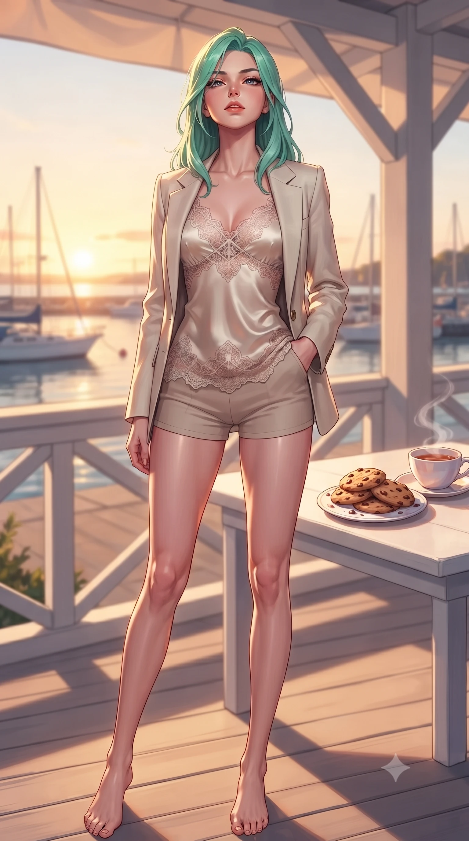 score_9, masterpiece, best quality, ultra-detailed, high-budget anime keyframe, editorial fashion photography, tasteful artistic composition, Japanese woman. low angle full-body shot from head to toe showing her feet, filling the entire 9:16 vertical frame with her statuesque presence, stretching her vertical silhouette. standing in a captivating power pose, tilting her chin up with a smoldering, bright expression set against a soft-focus background of at a seaside restaurant veranda with white tables and views of the harbor with a cute ceramic plate of chocolate cookies and a cup of tea on the table. She has an absolutely perfect, statuesque 8.5-heads proportion, an exceptionally tall and slender model-like female figure with impossibly long slender legs and an ultra-slim waist. sharp v-shaped jawline, high-bridge nose, intricate jewel-like eyes with depth, thick eyelashes, glossy lips with a natural sheen. wearing slim-fit delicate silk camisole with lace panels and a tailored blazer worn open over form-contouring shorts. golden hour sunset light casting long warm shadows on the restaurant table. highly saturated vibrant anime colors, detailed shading with soft gradients, rich glossy textures, high-contrast stereoscopic depth, volumetric dynamic lighting, master piece, 9:16 ratio