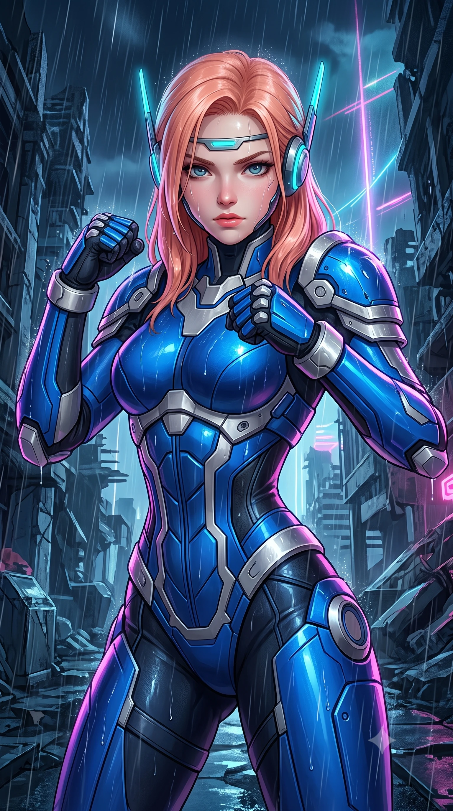 score_9, masterpiece, best quality, ultra-detailed, high-budget anime keyframe, semi-realistic 3D game render, editorial fashion photography, tasteful artistic composition, Japanese woman. close-up cowboy shot from the waist and thighs up, the character dominates the composition, filling the frame with her large presence. in a razor-sharp Panzer Kunst fighting guard with raised fists, captivating jewel-like eyes locked onto the viewer with fierce, resolute determination while arching her spine in a fluid combat stance with fists raised as cold rain streams down her sleek armored shoulder pauldrons. The surrounding environment is rendered in vivid detail and crisp panoramic clarity. high-contrast dystopian chiaroscuro and epic ruined metropolis architecture rendered with environmental precision. She has an exceptionally elegant, slender, and willowy female figure with an ultra-slim waist, a gracefully sculpted slender torso, toned flat midriff, and a refined slim silhouette. sharp v-shaped jawline, high-bridge nose, intricate jewel-like eyes with depth, thick eyelashes, glossy lips with a natural sheen, fierce and resolute heroine expression, flawlessly proportioned anatomical accuracy, strict slender model proportions, natural body alignment, perfectly sculpted long slender limbs, ultra-slim waistline, clean dynamic posture without body distortion. wearing a lightweight carbon-fiber tactical sensory headpiece with glowing cyan ear-antennae and an ultra-thin forehead HUD brow-band, paired with a statuesque high-fashion cyber-warrior armor suit with platinum bevels, heavy articulated shoulder guards, and an ultra-slim waist-cinching corset in electric cobalt blue carbon with brushed platinum tactical trim, made of lightweight aerodynamic carbon-titanium alloy with precision-beveled armor seams, complemented by criss-cross back harness straps highlighting her completely bare spine, the glove-like aerodynamic second-skin fit tightly clinging to her ultra-slender waist and athletic curves without adding bulk, accentuating her razor-sharp statuesque lines and slim hourglass silhouette. illuminated by crisp white key lighting with sharp specular highlights tracing her sculpted armor and slender curves. rich saturated anime colors with glowing neon highlights, detailed shading with soft gradients, rich glossy textures, high-contrast stereoscopic depth, volumetric dynamic lighting, master piece, 9:16 ratio