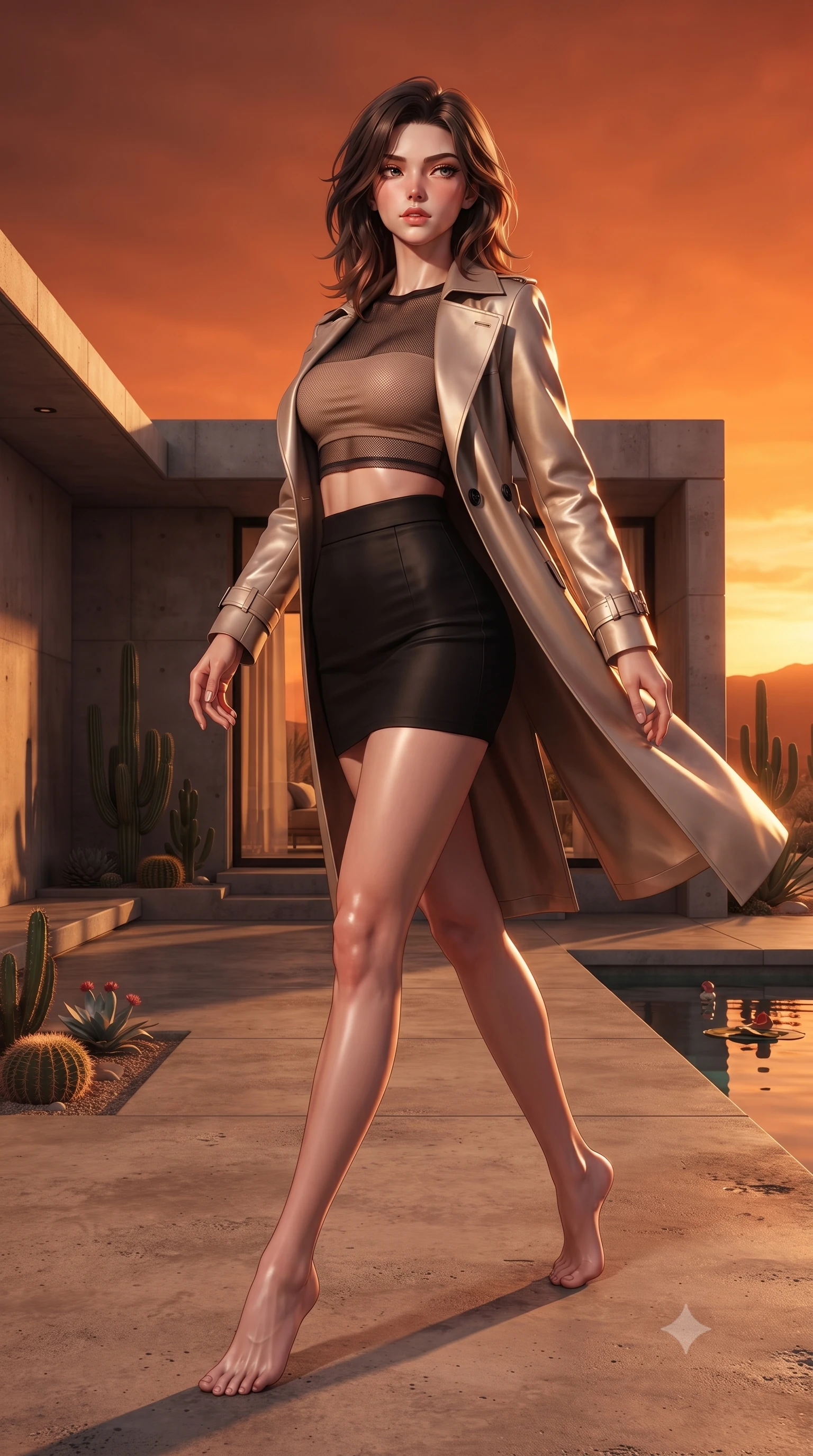 score_9, masterpiece, best quality, ultra-detailed, high-budget anime keyframe, editorial fashion photography, tasteful artistic composition, Korean woman woman. low angle full-body shot from head to toe showing her feet, filling the entire 9:16 vertical frame with her statuesque presence, stretching her vertical silhouette. stepping gracefully while looking back over her shoulder, her dress draped tightly to reveal her silhouette the background shows a soft-focus a patio of a modern concrete villa in the desert, with minimalist cacti landscaping. She has an absolutely perfect, statuesque 8.5-heads proportion, an exceptionally tall and slender model-like female figure with impossibly long slender legs and an ultra-slim waist. sharp v-shaped jawline, high-bridge nose, intricate jewel-like eyes with depth, thick eyelashes, glossy lips with a natural sheen. wearing a body-hugging semi-opaque dark mesh crop top paired with a mini skirt, layered with a tailored light trench coat. the dramatic orange glow of a desert sunset casting long shadows of the cacti. ultra-reflective glossy finish, specular highlights, metallic sheen, high-contrast stereoscopic depth, volumetric dynamic lighting, 2k, ultra detail, master piece, 9:16 ratio