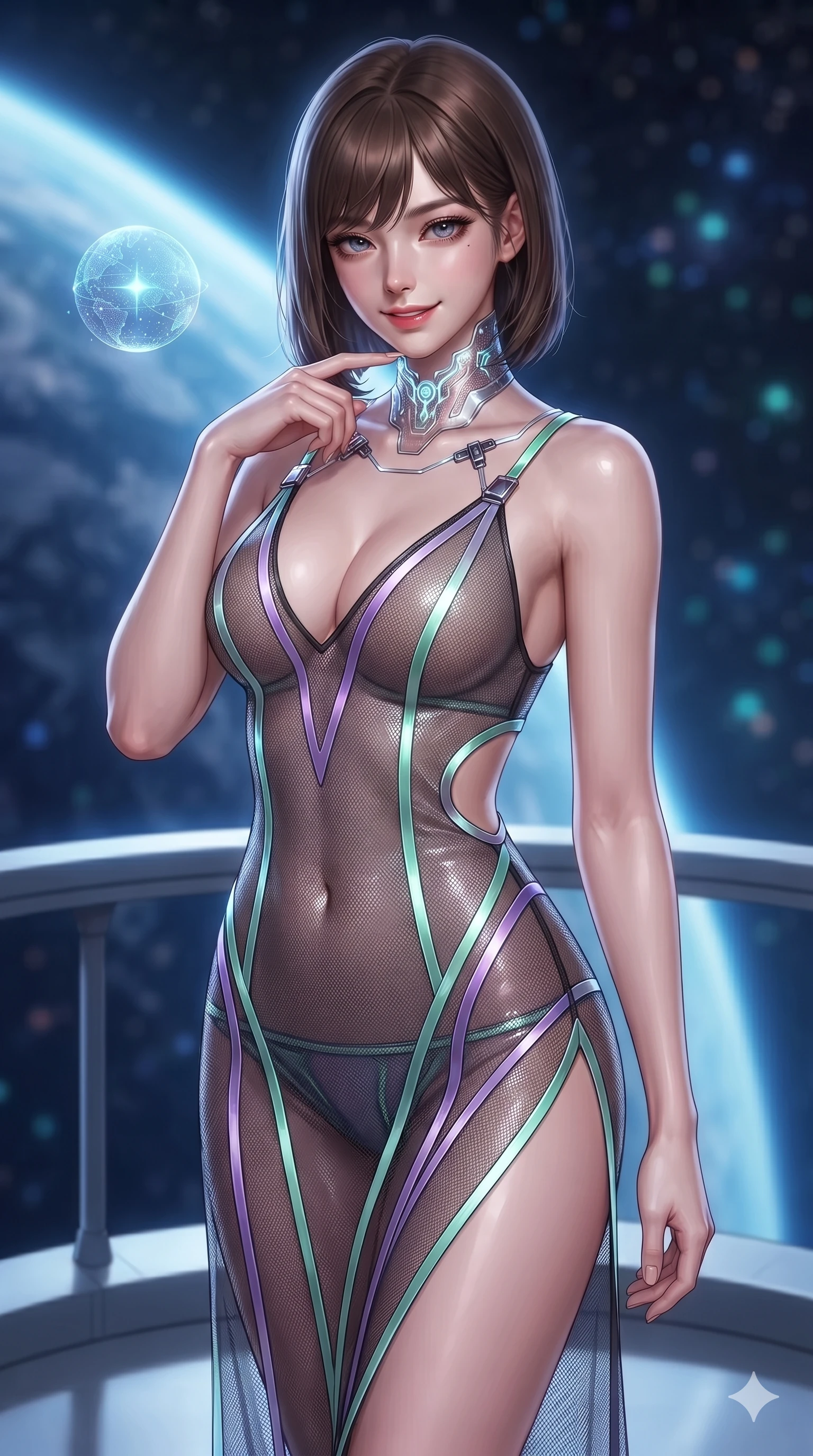 score_9, masterpiece, best quality, ultra-detailed, high-budget anime keyframe, editorial fashion photography, tasteful artistic composition, Korean woman. close-up cowboy shot from the waist and thighs up, the character dominates the composition, filling the frame with her large presence. tilting her head with a teasing half-smile, running one finger slowly along her glowing comm-link collar in a flirtatious gesture while standing poised on the semicircular orbital balcony cantilevered over open space, arching her spine with ethereal siren poise as the curved blue planetary horizon shines below. The background shows a soft-focus curved blue planetary limb with glowing atmospheric rim, floating holographic star-globe sphere, and distant starfields blurred into sapphire, turquoise, and diamond bokeh. She has an exceptionally elegant, slender, and willowy female figure with an ultra-slim waist, flat toned midriff, narrow ribcage, and sculpted feminine hips creating an alluring, slim hourglass silhouette without bulk. sharp v-shaped jawline, high-bridge nose, intricate jewel-like sparkling eyes with depth, thick eyelashes, glossy parted lips with a natural sheen, bright confident smile with an enchanting and coquettish sensual glint, exuding both youthful magnetic charm and sovereign high-tech allure, flawlessly proportioned anatomical accuracy, strict slender model proportions, natural body alignment, perfectly sculpted long slender limbs, ultra-slim waistline, clean dynamic posture without body distortion. wearing a plunge-front sheer illusion technical mesh slip dress with liquid platinum ribbon stripes hugging her curves in phosphorescent ultraviolet amethyst and mint green, crafted from sheer technical cyber-lace reinforced with ultra-thin Kevlar threads, finished with high-tension magnetic quick-release clasps glinting along her collarbones, the form-contouring cut accentuating her sculpted flat midriff, narrow delicate ribcage, and gracefully curvy hips with cybernetic supermodel precision. illuminated by deck bounce and sharp sapphire-platinum rim lights defining her razor-sharp jawline, narrow waist, and curvy hips. ultra-reflective glossy finish, specular highlights, rich textural contrasts, high-contrast stereoscopic depth, volumetric dynamic lighting, 2k, ultra detail, master piece, 9:16 ratio