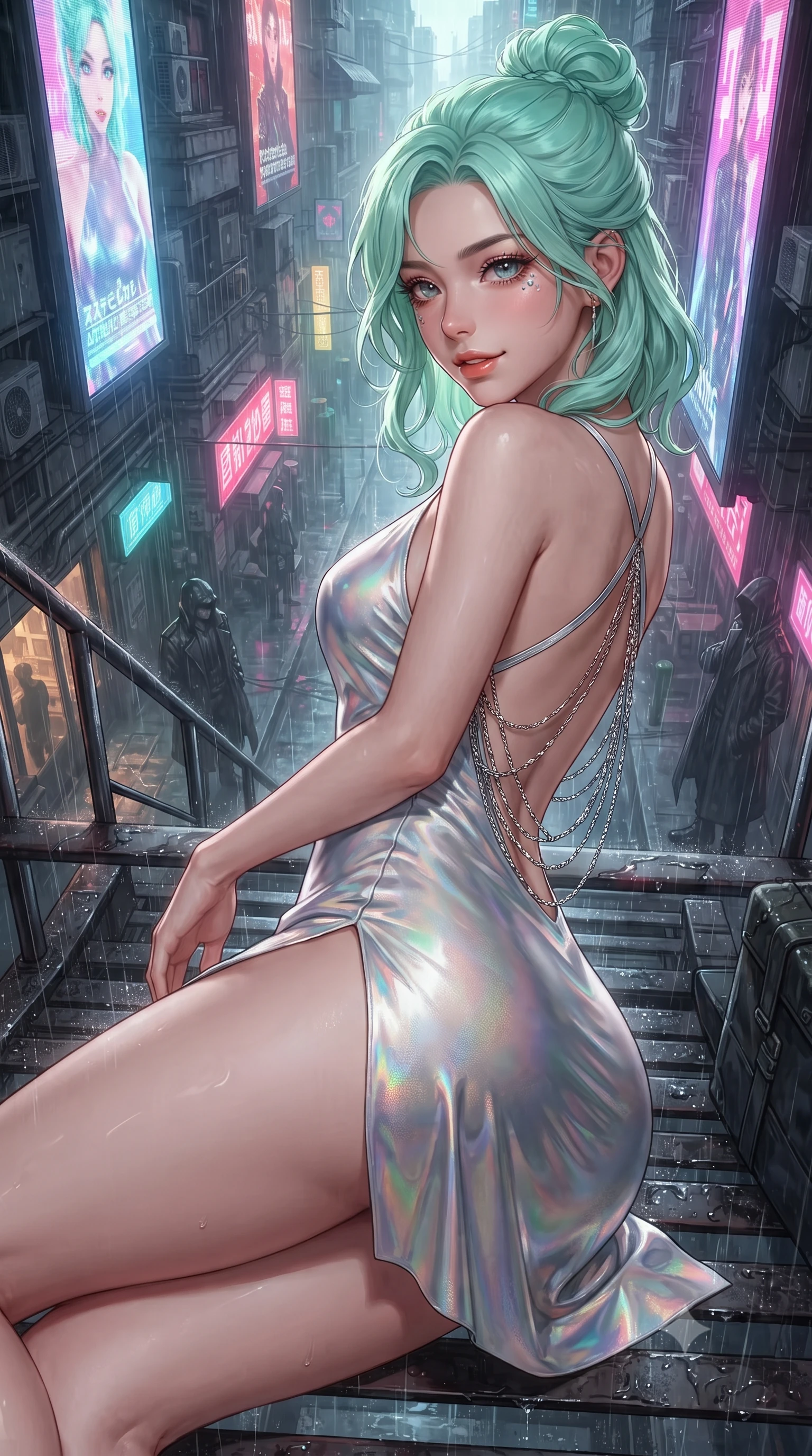 score_9, masterpiece, best quality, ultra-detailed, high-budget anime keyframe, editorial fashion photography, tasteful artistic composition, Japanese woman. close-up cowboy shot from the waist and thighs up, the character dominates the composition, filling the frame with her large presence. tilting her head with a teasing half-smile, running one hand slowly down the side of her hip in a flirtatious S-curve as ambient light caresses her silhouette while reclining gracefully on the sheltered neon-lit fire escape landing with legs extended, displaying her long slender limbs and statuesque hourglass silhouette amid rain-washed cyber-chaos. The surrounding environment is rendered in vivid detail and crisp panoramic clarity: detailed tactical trench coat tailoring, wet patent leather sheen, and gritty hyper-dense urban architecture in razor-sharp precision. She has an exceptionally elegant, slender, and willowy female figure with an ultra-slim waist, flat toned midriff, narrow ribcage, and sculpted feminine hips creating an alluring, slim hourglass silhouette without bulk. sharp v-shaped jawline, high-bridge nose, intricate jewel-like sparkling eyes with depth, thick eyelashes, glossy parted lips with a natural peach sheen, bright cheerful beaming smile with an enchanting and coquettish sensual glint, exuding both youthful cute charm and seductive allure, flawlessly proportioned anatomical accuracy, strict slender model proportions, natural body alignment, perfectly sculpted long slender limbs, ultra-slim waistline, clean dynamic posture without body distortion. wearing a backless liquid foil flight mini dress with criss-cross spinal straps and daring high side slit in iridescent mother-of-pearl and liquid molten silver, woven from buttery-soft stretch lambskin leather adhering to her body like a second skin, accented with an open-back drape framed by falling strands of delicate chrome chains, the liquid-tight tailored fabric clinging flawlessly to her narrow waist and rounded feminine hips, emphasizing every millimeter of her sculpted slim hourglass curves without any bulky heaviness. bathed in multi-colored ambient neon reflections from towering holographic advertisements mixed with cool rain reflections. ultra-reflective glossy finish, specular highlights, rich textural contrasts, high-contrast stereoscopic depth, volumetric dynamic lighting, 2k, ultra detail, master piece, 9:16 ratio