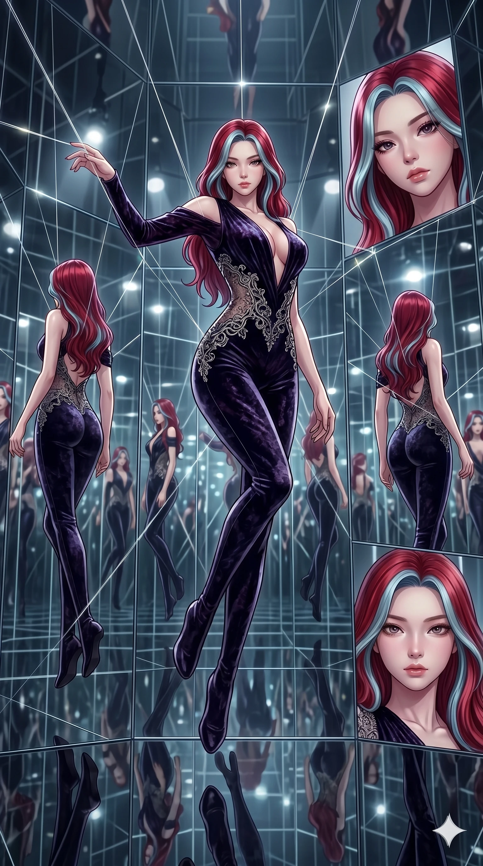 score_9, masterpiece, best quality, ultra-detailed, High-budget Anime Keyframe, East Asian woman. Dynamic full-body shot stretching the vertical silhouette to the limit. Scenario 196: Suspended by invisible silk threads in a hall of mirrors. Her presence is magnetic and overpowering in this high-budget anime scene. Outfit 196: A crushed dark velvet mesh with a low-cut shoulder and delicate lace embroidery. The clothing is designed to emphasize her exceptionally tall and slender 8-heads proportion. 8-heads proportion, towering silhouette, ultra-slim waist. sharp v-shaped jawline, intricate jewel-like eyes with depth, thick eyelashes, glossy lips. 2k, ultra detail, master piece, 9:16 ratio