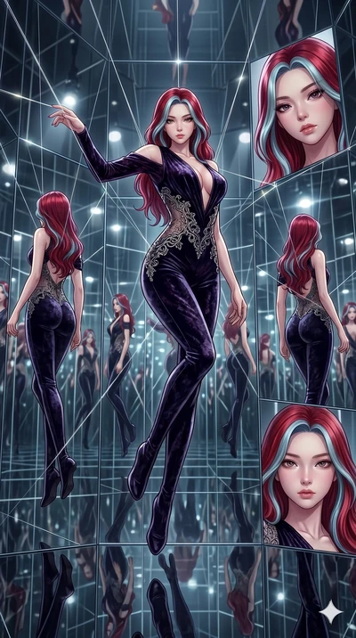 score_9, masterpiece, best quality, ultra-detailed, High-budget Anime Keyframe, East Asian woman. Dynamic full-body shot stretching the vertical silhouette to the limit. Scenario 196: Suspended by invisible silk threads in a hall of mirrors. Her pres
