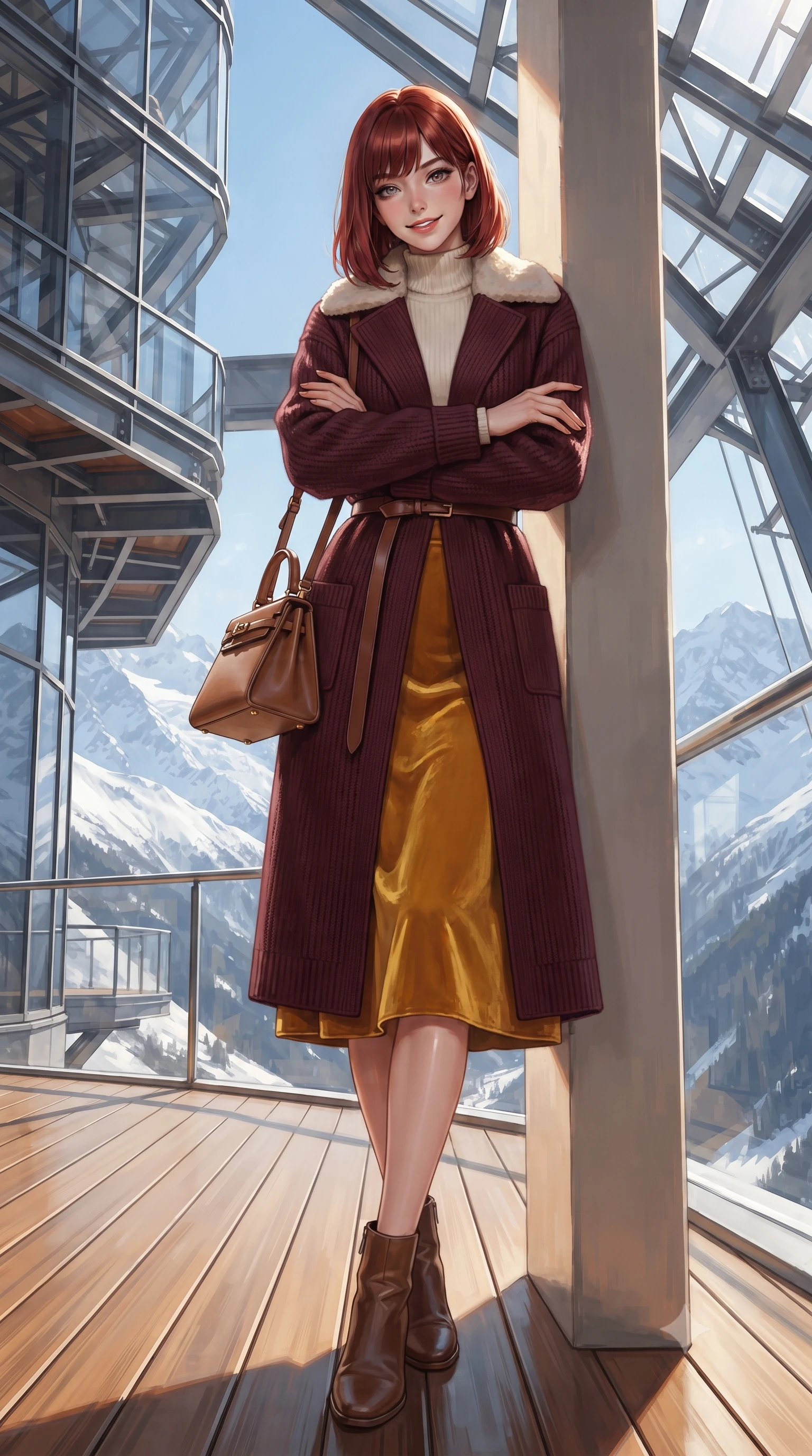 score_9, masterpiece, best quality, ultra-detailed, high-budget anime keyframe, editorial fashion photography, tasteful artistic composition, Caucasian woman. low angle full-body shot from head to toe showing her feet, filling the entire 9:16 vertical frame with her statuesque presence, stretching her vertical silhouette. leaning lightly against the sunlit architectural column with arms crossed loosely, flashing a warm, confident smile while walking along the snow-free teak heated deck with confident model stride, her shearling coat collar turned up against the crisp mountain breeze. The surrounding environment is rendered in vivid detail and crisp panoramic clarity: detailed suede aviator shearling coat texture, shearling fleece lining, and extreme mountain engineering in razor-sharp precision. She has an exceptionally tall and slender model-like 8.5-heads proportion, an ultra-slim waist, a flat toned midriff, narrow delicate ribcage, and beautifully sculpted feminine hips creating a graceful, slim hourglass silhouette without any bulky heaviness, with impossibly long slender legs. sharp v-shaped jawline, high-bridge nose, intricate jewel-like sparkling eyes with depth, thick eyelashes, glossy parted lips with a natural peach sheen, bright cheerful beaming smile with an enchanting and coquettish sensual glint, exuding both youthful cute charm and seductive allure, flawlessly proportioned anatomical accuracy, strict slender model proportions, natural body alignment, perfectly sculpted long slender limbs, ultra-slim waistline, clean dynamic posture without body distortion. wearing a luxurious longline cashmere cardigan coat with a belted waist worn over an ivory turtleneck and wool midi skirt in rich Oxford burgundy and golden amber, crafted from rich cotton velvet with deep light-absorbing pile and soft gradients, finished with a structured leather top-handle mini bag resting gracefully at her side, the sharp shoulder tailoring and gently nipped waist framing her slender torso with pristine sartorial perfection. bathed in intense, crystal-clear high-altitude alpine sunlight and brilliant 360-degree snow albedo bounce. ultra-reflective glossy finish, specular highlights, rich textural contrasts, high-contrast stereoscopic depth, volumetric dynamic lighting, 2k, ultra detail, master piece, 9:16 ratio