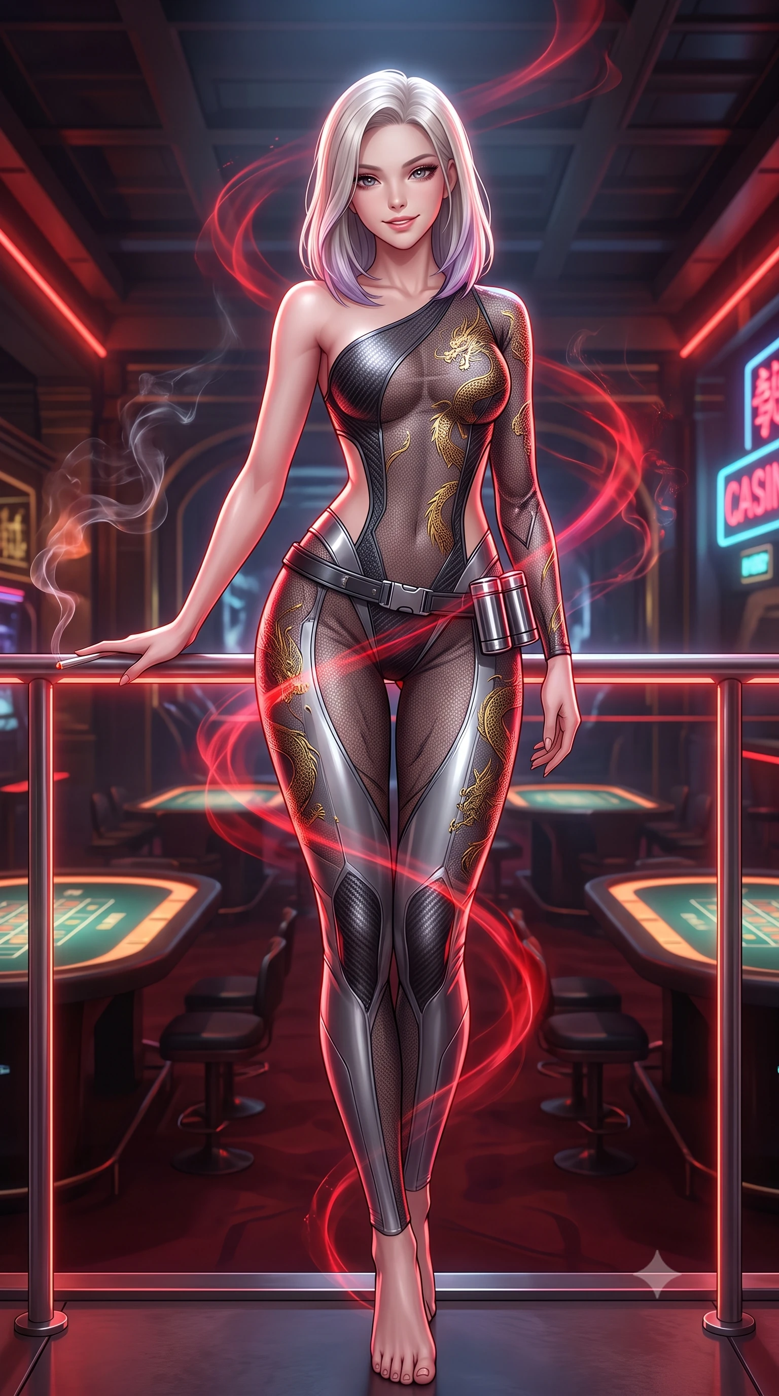score_9, masterpiece, best quality, ultra-detailed, high-budget anime keyframe, semi-realistic 3D game render, editorial fashion photography, tasteful artistic composition, Caucasian woman. low angle full-body shot from head to toe showing her feet, filling the entire 9:16 vertical frame with her statuesque presence, stretching her vertical silhouette. standing in a tall, confident posture with one hand on a glowing metal railing, stretching her statuesque body as she arches her lower back to emphasize her sculpted feminine hips and slender waist while twisting her slender torso in an alluring S-curve, swirling crimson light and cigarette smoke tracing her tight suit and hourglass curves. The surrounding environment is rendered in vivid detail and crisp panoramic clarity: detailed suit fabric weave, gold dragon embroidery glints, and underground casino architecture in razor-sharp precision. She has an absolutely perfect, statuesque 8.5-heads proportion, an exceptionally tall and slender model-like female figure with impossibly long slender legs, an ultra-slim waist, a flat toned midriff, narrow delicate ribcage, and beautifully sculpted feminine hips creating a graceful, slim hourglass silhouette without any bulky heaviness. sharp v-shaped jawline, high-bridge nose, intricate jewel-like sparkling eyes with depth, thick eyelashes, glossy parted lips with a natural sheen, bright confident smile with an enchanting and coquettish sensual glint, exuding both youthful magnetic charm and sovereign high-tech allure, flawlessly proportioned anatomical accuracy, strict slender model proportions, natural body alignment, perfectly sculpted long slender limbs, ultra-slim waistline, clean dynamic posture without body distortion. wearing an asymmetric one-shoulder combat catsuit with carbon-weave paneling and an open-waist architecture emphasizing her hips in reflective liquid mercury and matte phantom grey, crafted from sheer technical cyber-lace reinforced with ultra-thin Kevlar threads, accented with a sleek utility belt with polished magnetic canisters resting loosely on her curvy hips, the form-contouring cut accentuating her sculpted flat midriff, narrow delicate ribcage, and gracefully curvy hips with cybernetic supermodel precision. illuminated by glowing table surfaces and sharp scarlet rim lights carving her sculpted collarbones, ultra-slim waist, and curvy hips. highly saturated vibrant anime colors, detailed shading with soft gradients, rich glossy textures, high-contrast stereoscopic depth, volumetric dynamic lighting, master piece, 9:16 ratio