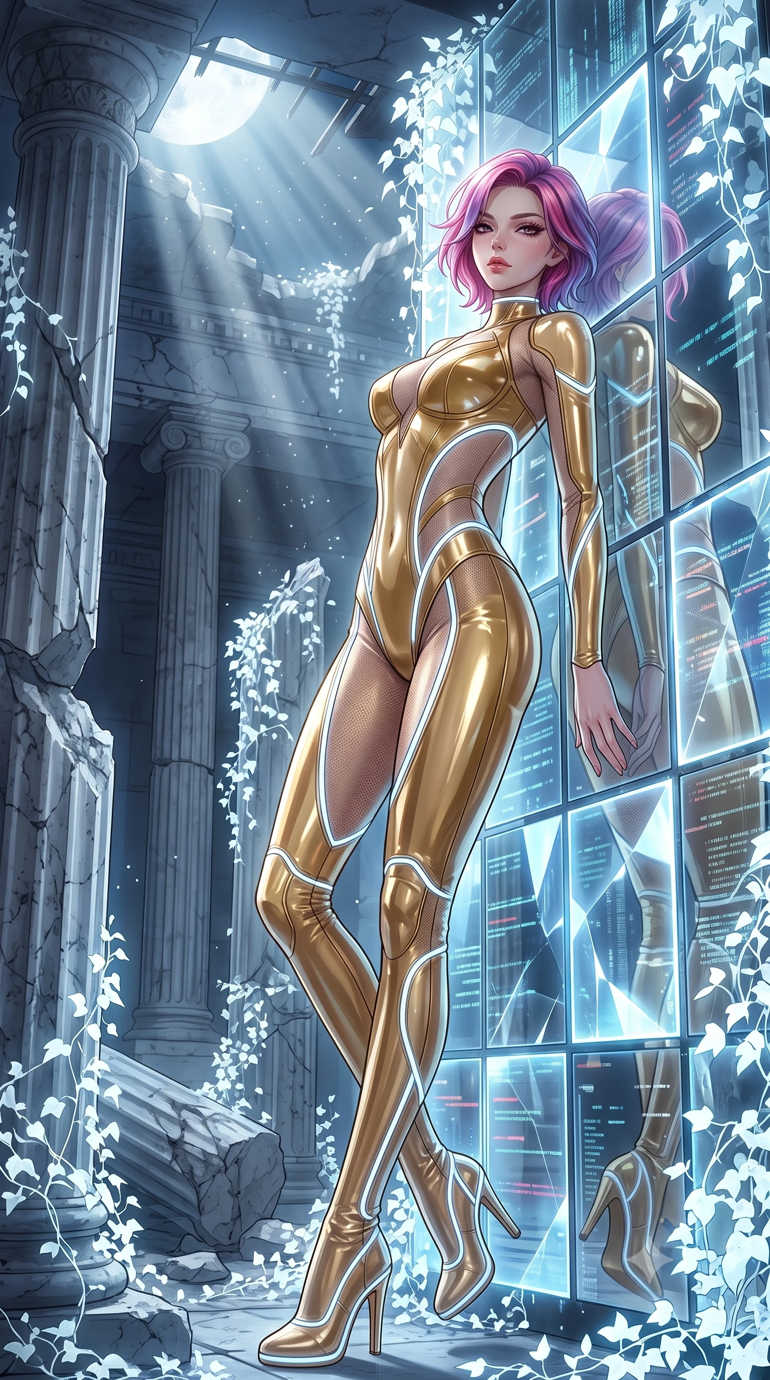 score_9, masterpiece, best quality, ultra-detailed, High-budget Anime Keyframe, Caucasian woman, strictly human ears. Dynamic full-body shot stretching the vertical silhouette to the limit. Scenario 301: leaning back against a wall of virtual mirrors in a moonlit ancient temple with collapsing marble pillars and white ivy. Her presence is magnetic and overpowering in this high-budget anime scene. Outfit 301: a form-contouring patent leather gold with a sheer panels and glowing LED seams. The clothing is designed to emphasize her exceptionally tall and slender 8-heads proportion. 8-heads proportion, towering silhouette, ultra-slim waist. sharp v-shaped jawline, intricate jewel-like eyes with depth, thick eyelashes, glossy lips. 2k, ultra detail, master piece, 9:16 ratio