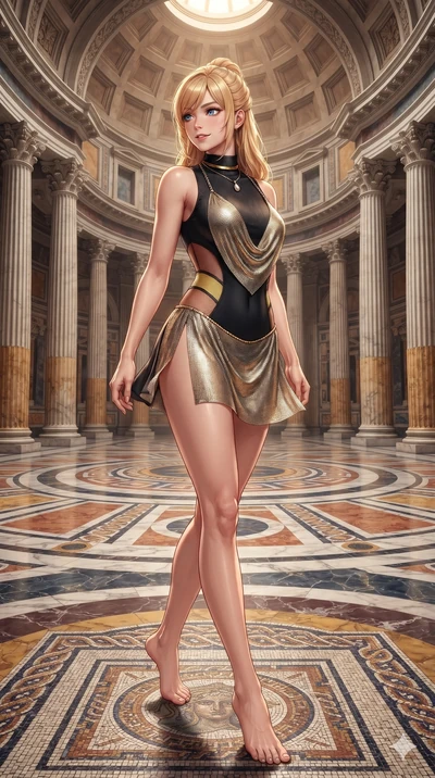 Caucasian woman. executing a slow, graceful pivot turn as her skirt sways around her slender legs, glancing back with an enchanting, teasing sensual expression while stepping gracefully across the mosaic marble floor, her long slender legs and curvy hourglass hips commanding the monumental rotunda. The surrounding environment is rendered in...