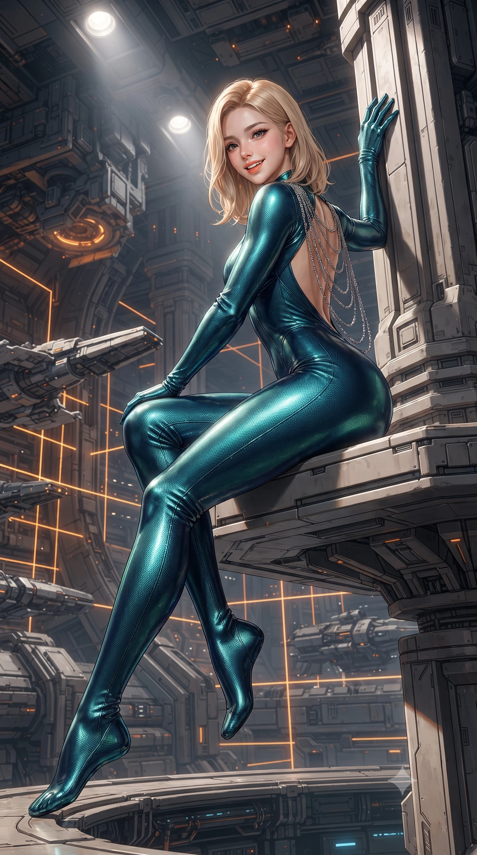 score_9, masterpiece, best quality, ultra-detailed, high-budget anime keyframe, editorial fashion photography, tasteful artistic composition, Korean woman. low angle full-body shot from head to toe showing her feet, filling the entire 9:16 vertical frame with her statuesque presence, stretching her vertical silhouette. standing tall beside the architectural column, one hand resting high while arching her lower back to emphasize her sculpted feminine hips and slender waist while sitting gracefully on the floating magnetic inspection platform with legs crossed, flashing a teasing smile with parted glossy lips. The surrounding environment is rendered in vivid detail and crisp panoramic clarity: detailed garment construction, tactical leather sheen, and monumental orbital weapons bay in high resolution. She has an exceptionally tall and slender model-like 8.5-heads proportion, an ultra-slim waist, a flat toned midriff, narrow delicate ribcage, and beautifully sculpted feminine hips creating a graceful, slim hourglass silhouette without any bulky heaviness, with impossibly long slender legs. sharp v-shaped jawline, high-bridge nose, intricate jewel-like sparkling eyes with depth, thick eyelashes, glossy parted lips with a natural peach sheen, bright cheerful beaming smile with an enchanting and coquettish sensual glint, exuding both youthful cute charm and seductive allure, flawlessly proportioned anatomical accuracy, strict slender model proportions, natural body alignment, perfectly sculpted long slender limbs, ultra-slim waistline, clean dynamic posture without body distortion. wearing a glove-like stretch carbon-fiber weave catsuit with metallic sheen outlining every millimeter of her statuesque 8.5-heads silhouette in bioluminescent emerald and abyssal sapphire, woven from buttery-soft stretch lambskin leather adhering to her body like a second skin, accented with an open-back drape framed by falling strands of delicate chrome chains, the bespoke structured tailoring following the natural line of her 8.5-heads silhouette with refined elegance. bathed in crisp white 5000K inspection spotlights combined with glowing amber laser alignment grids. ultra-reflective glossy finish, specular highlights, rich textural contrasts, high-contrast stereoscopic depth, volumetric dynamic lighting, 2k, ultra detail, master piece, 9:16 ratio