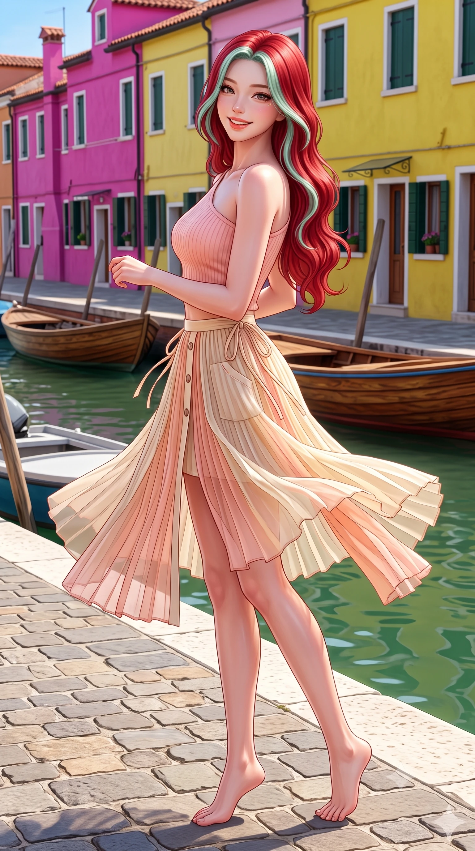 score_9, masterpiece, best quality, ultra-detailed, high-budget anime keyframe, semi-realistic 3D game render, editorial fashion photography, tasteful artistic composition, Caucasian woman. low angle full-body shot from head to toe showing her feet, filling the entire 9:16 vertical frame with her statuesque presence, stretching her vertical silhouette. executing a cheerful mid-motion pivot turn as her skirt flutters around her slender legs, glancing over her shoulder with an intoxicating, teasing cute expression while standing along the canal edge in front of vivid fuchsia and lemon-yellow painted fishermen houses, arching her back with a bright joyful smile. The surrounding environment is rendered in vivid detail and crisp panoramic clarity. sharp colorful stucco wall textures, wooden boat hull grain, and cobblestone canal seams in deep focus. She has an exceptionally tall and slender model-like 8.5-heads proportion, an ultra-slim waist, a flat toned midriff, narrow delicate ribcage, and beautifully sculpted feminine hips creating a graceful, slim hourglass silhouette without any bulky heaviness, with impossibly long slender legs. sharp v-shaped jawline, high-bridge nose, intricate jewel-like sparkling eyes with depth, thick eyelashes, glossy parted lips with a natural peach sheen, bright cheerful beaming smile with an enchanting and coquettish sensual glint, exuding both youthful cute charm and seductive allure, flawlessly proportioned anatomical accuracy, strict slender model proportions, natural body alignment, perfectly sculpted long slender limbs, ultra-slim waistline, clean dynamic posture without body distortion. wearing an asymmetrical one-shoulder ribbed top paired with a micro-pleated skirt with side hip ties in pastel peach blossom pink and warm champagne ivory, woven from layered gossamer organza with weightless flutter, finished with neat front wooden buttons and delicate pocket details, the liquid-tight tailored fabric clinging flawlessly to her narrow waist and rounded feminine hips, emphasizing every millimeter of her sculpted slim hourglass curves without any bulky heaviness. illuminated by green canal water specular caustics sharply sculpting her razor-sharp jawline, narrow waist, and curvy hips. highly saturated vibrant anime colors, detailed shading with soft gradients, rich glossy textures, high-contrast stereoscopic depth, volumetric dynamic lighting, master piece, 9:16 ratio