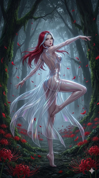 score_9, masterpiece, best quality, ultra-detailed, High-budget Anime Keyframe, East Asian woman. Low angle cowboy shot filling the entire 9:16 frame with her statuesque presence. Scenario 75: Dancing amidst falling red spider lilies in a misty dark 