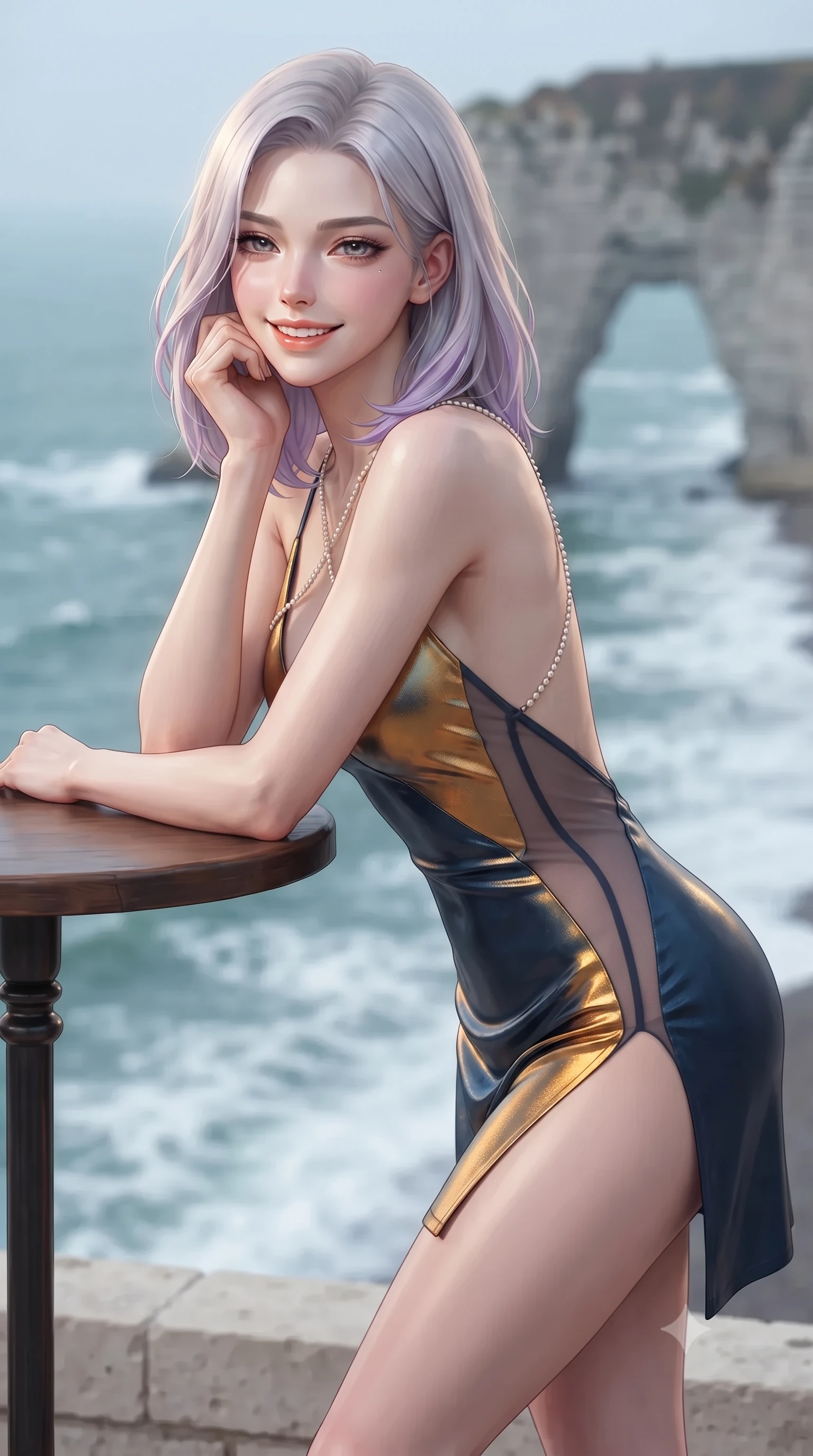 score_9, masterpiece, best quality, ultra-detailed, high-budget anime keyframe, editorial fashion photography, tasteful artistic composition, Caucasian woman. close-up cowboy shot from the waist and thighs up, the character dominates the composition, filling the frame with her large presence. resting one elbow on the table and supporting her chin, leaning close to the camera with heavy-lidded sparkling eyes and parted lips while standing poised on the pale limestone terrace high above the iconic Porte d'Aval chalk arch, arching her spine with sovereign supermodel posture as Atlantic breakers crash below. The background shows a soft-focus foaming sea spray softened in dramatic Normandy clifftop shallow focus. She has an exceptionally elegant, slender, and willowy female figure with an ultra-slim waist, flat toned midriff, narrow ribcage, and sculpted feminine hips creating an alluring, slim hourglass silhouette without bulk. sharp v-shaped jawline, high-bridge nose, intricate jewel-like sparkling eyes with depth, thick eyelashes, glossy parted lips with a natural peach sheen, bright cheerful beaming smile with an enchanting and coquettish sensual glint, exuding both youthful cute charm and seductive allure, flawlessly proportioned anatomical accuracy, strict slender model proportions, natural body alignment, perfectly sculpted long slender limbs, ultra-slim waistline, clean dynamic posture without body distortion. wearing a backless liquid lamé mini dress with criss-cross spinal straps and daring side slit in Lofoten midnight sun golden amber and Arctic deep navy, featuring strategic sheer-illusion tulle side panels framing her ribcage and hips, accented with a pearl-drop body harness subtly framing her dewy collarbones and spine, the high-slit wrap tailoring accentuating her ultra-slim waistline and the enchanting curve of her feminine hips with alluring seductive charm. illuminated by white chalk reflection bounce and sharp gold-cyan dual rim lights sculpting her features, flat midriff, and slender waist. ultra-reflective glossy finish, specular highlights, rich textural contrasts, high-contrast stereoscopic depth, volumetric dynamic lighting, 2k, ultra detail, master piece, 9:16 ratio