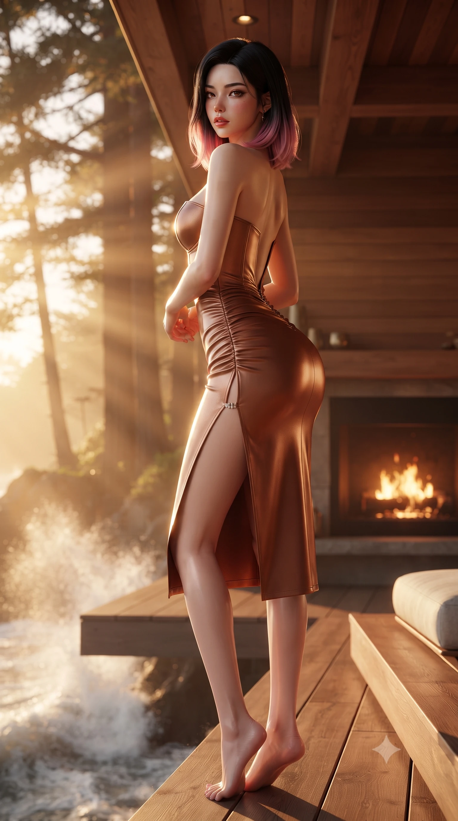 score_9, masterpiece, best quality, ultra-detailed, high-budget anime keyframe, editorial fashion photography, tasteful artistic composition, Korean woman. low angle full-body shot from head to toe showing her feet, filling the entire 9:16 vertical frame with her statuesque presence, stretching her vertical silhouette. posing with back turned slightly to the lens, glancing back with smoldering allure as she arches her lower back to emphasize her sculpted feminine hips and slender waist while perching on the edge of a cantilevered cedar sun deck suspended high above the crashing Pacific, arching her lower back as golden sunset rays illuminate coastal sea spray. The composition keeps background elements in soft focus with creamy bokeh. warm fireplace glow and cedar wood beams softened in luxurious Californian shallow focus. She has an exceptionally tall and slender model-like 8.5-heads proportion, an ultra-slim waist, a flat toned midriff, narrow delicate ribcage, and beautifully sculpted feminine hips creating a graceful, slim hourglass silhouette without any bulky heaviness, with impossibly long slender legs. sharp v-shaped jawline, high-bridge nose, intricate jewel-like eyes with depth, thick eyelashes, glossy parted lips with a natural sheen, intensely captivating and seductive bedroom-eyes expression, flawlessly proportioned anatomical accuracy, strict slender model proportions, natural body alignment, perfectly sculpted long slender limbs, ultra-slim waistline, clean dynamic posture without body distortion. wearing an ultra-fitted strapless bustier midi dress with side hip ruching and exposed spine in rich copper bronze and warm amber, formed from supple second-skin lambskin leather with specular sheen, finished with an ultra-high side slit secured by miniature jeweled clasps, the precision-cut side openings and low-back scoop framing her graceful spine and the sensual sweep of her slim, toned hips. bathed in breathtaking golden hour California sunset rays streaming through towering redwood branches. ultra-reflective glossy finish, specular highlights, rich textural contrasts, high-contrast stereoscopic depth, volumetric dynamic lighting, 2k, ultra detail, master piece, 9:16 ratio